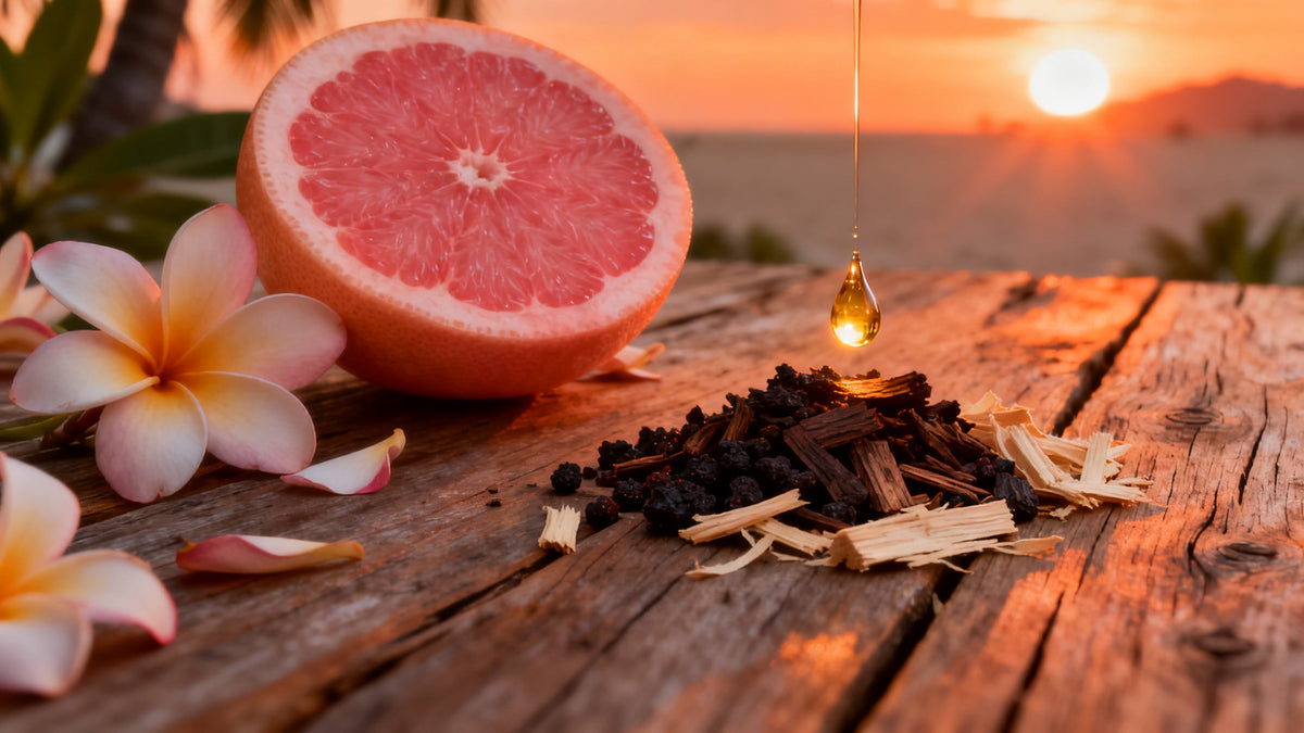 Grapefruit, frangipani, oud chips and sandalwood shavings on teak at sunset, with a single drop of golden oil suspended above the wood.