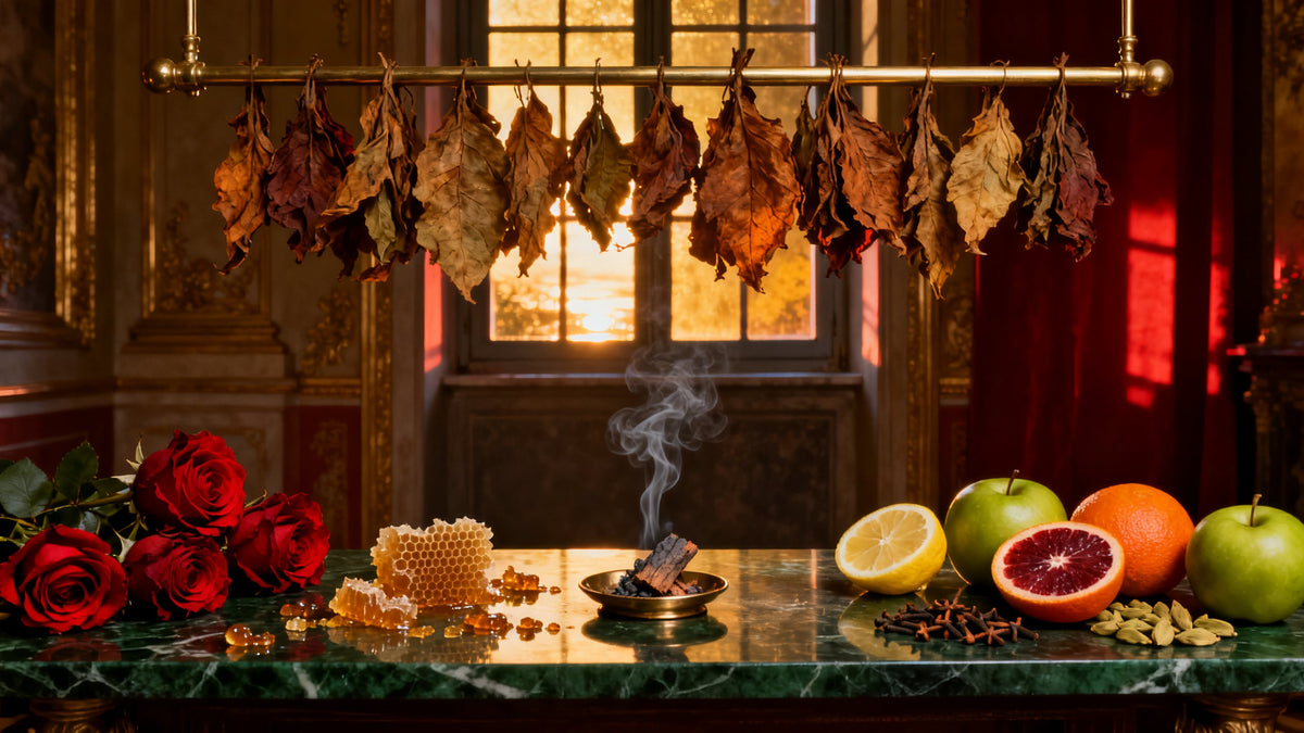 A dim gilded Turin room at dusk where tobacco leaves dry on a brass rail above a dark green marble table of honeycomb, Bulgarian roses, halved citrus, green apples and spices.