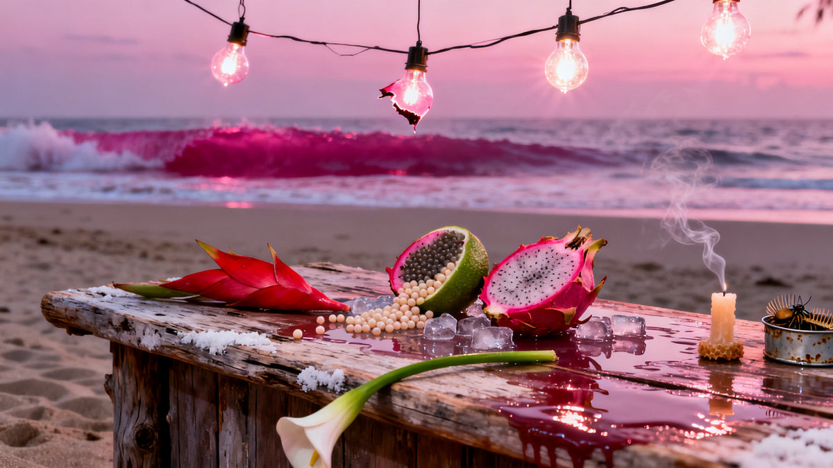 A salt bleached driftwood beach bar counter at dusk with cracked dragon fruit, a split caviar lime, melting ice, a scarlet heliconia bract and a smoking beeswax candle stub on the wet wood.
