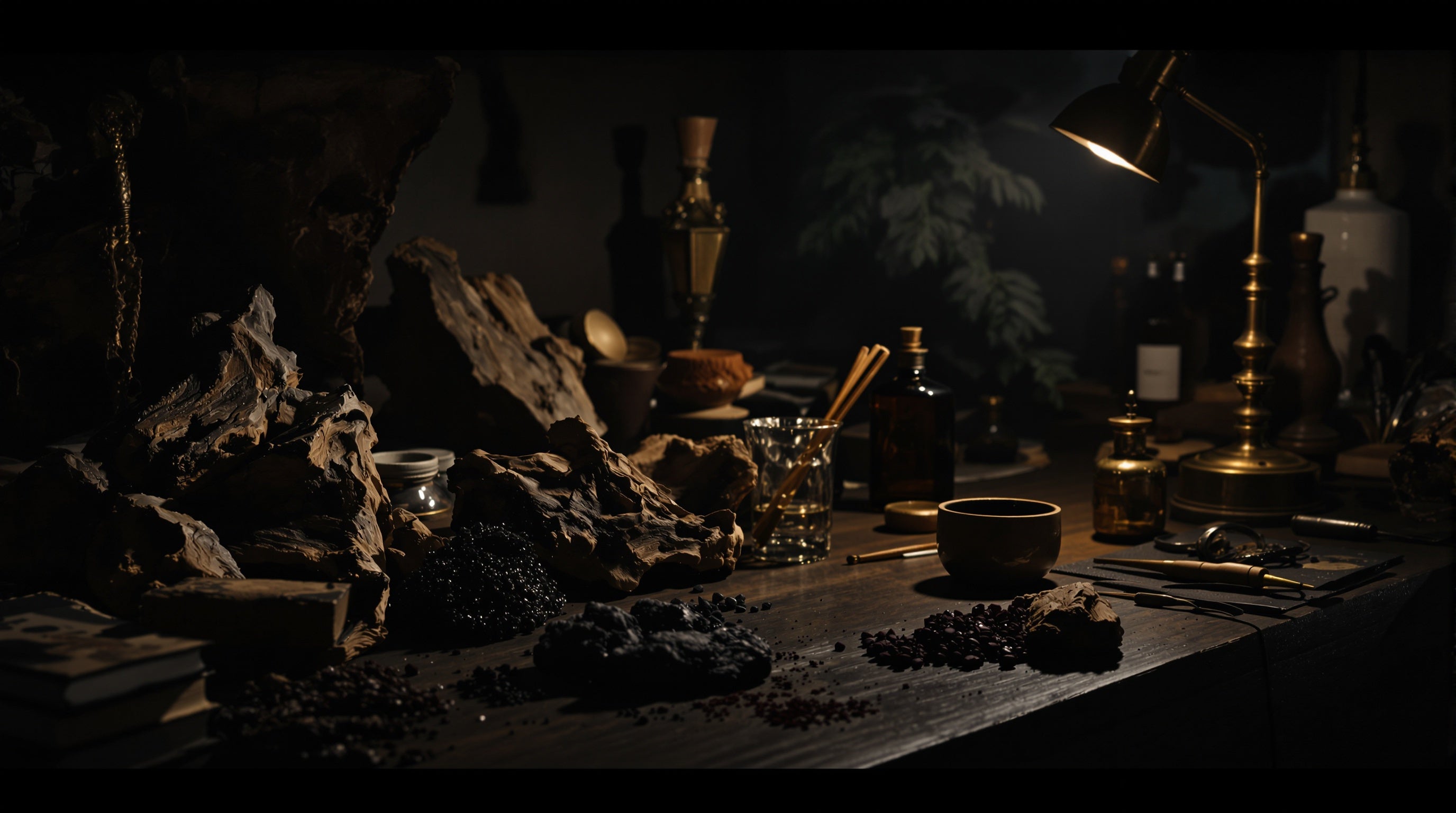 An artisanal perfumer's workbench with raw oud and resins
