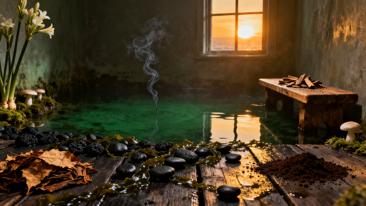 A dim flooded room where cold green seawater lies flat over dark floorboards, kelp and black pebbles on the wet planks, tobacco leaf, agarwood chips and coffee grounds on a low oak bench.