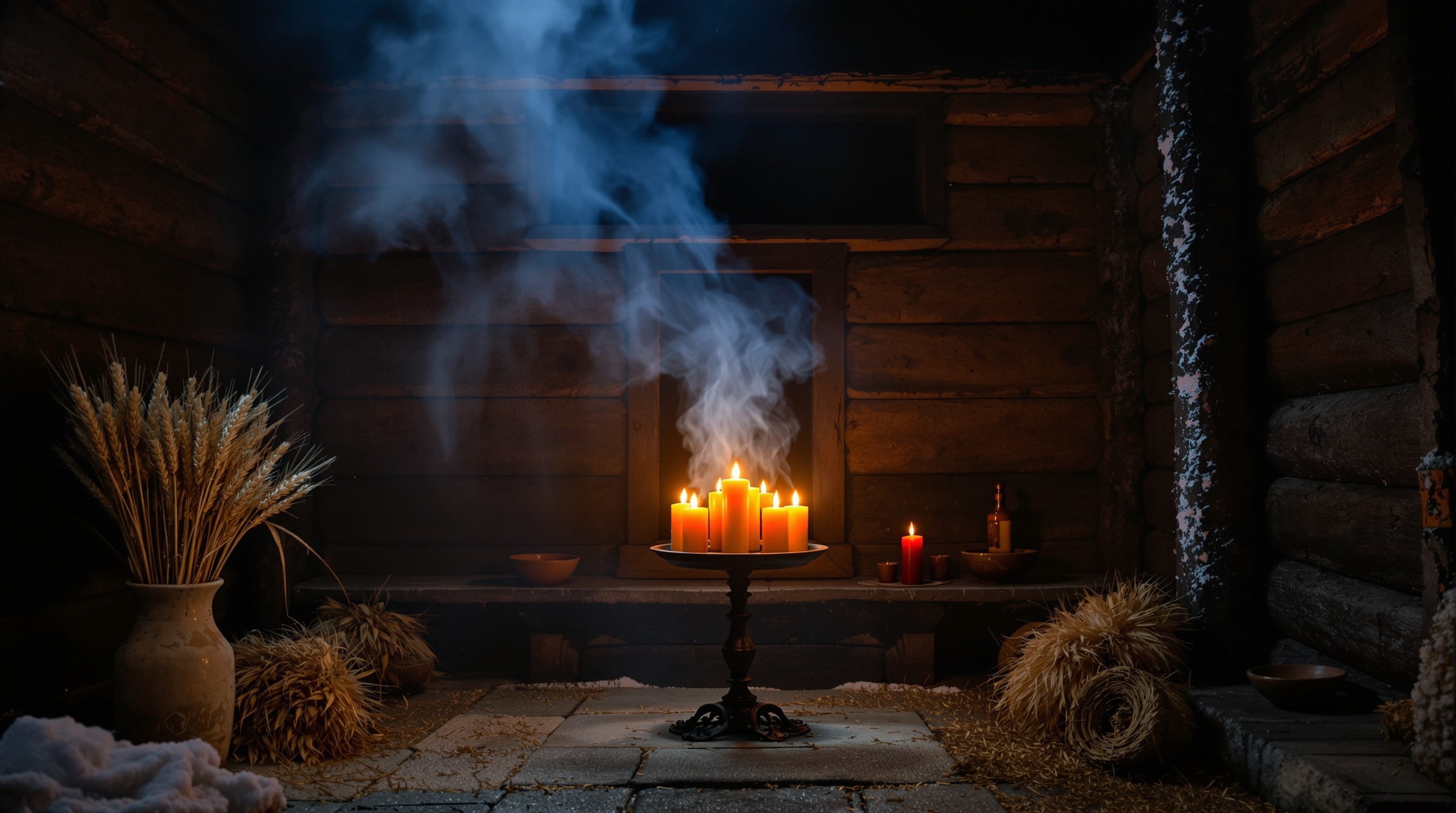 Velas ardiendo dentro de una antigua y tenue capilla de madera, con humo de incienso ascendiendo a través de la luz invernal de una estrecha ventana.
