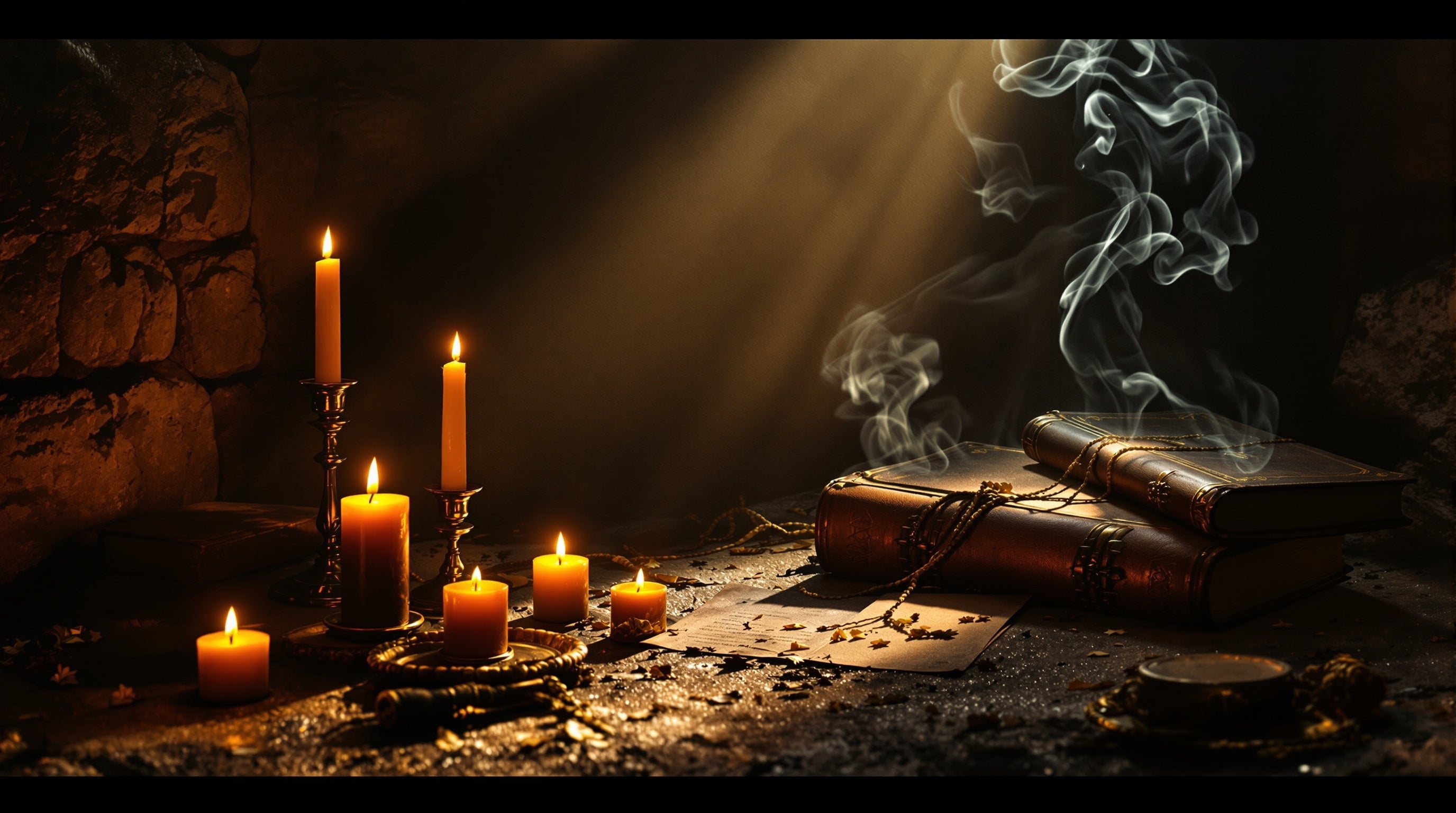 Candlelit monastic cell with incense smoke in amber light, evoking Adi Ale Van