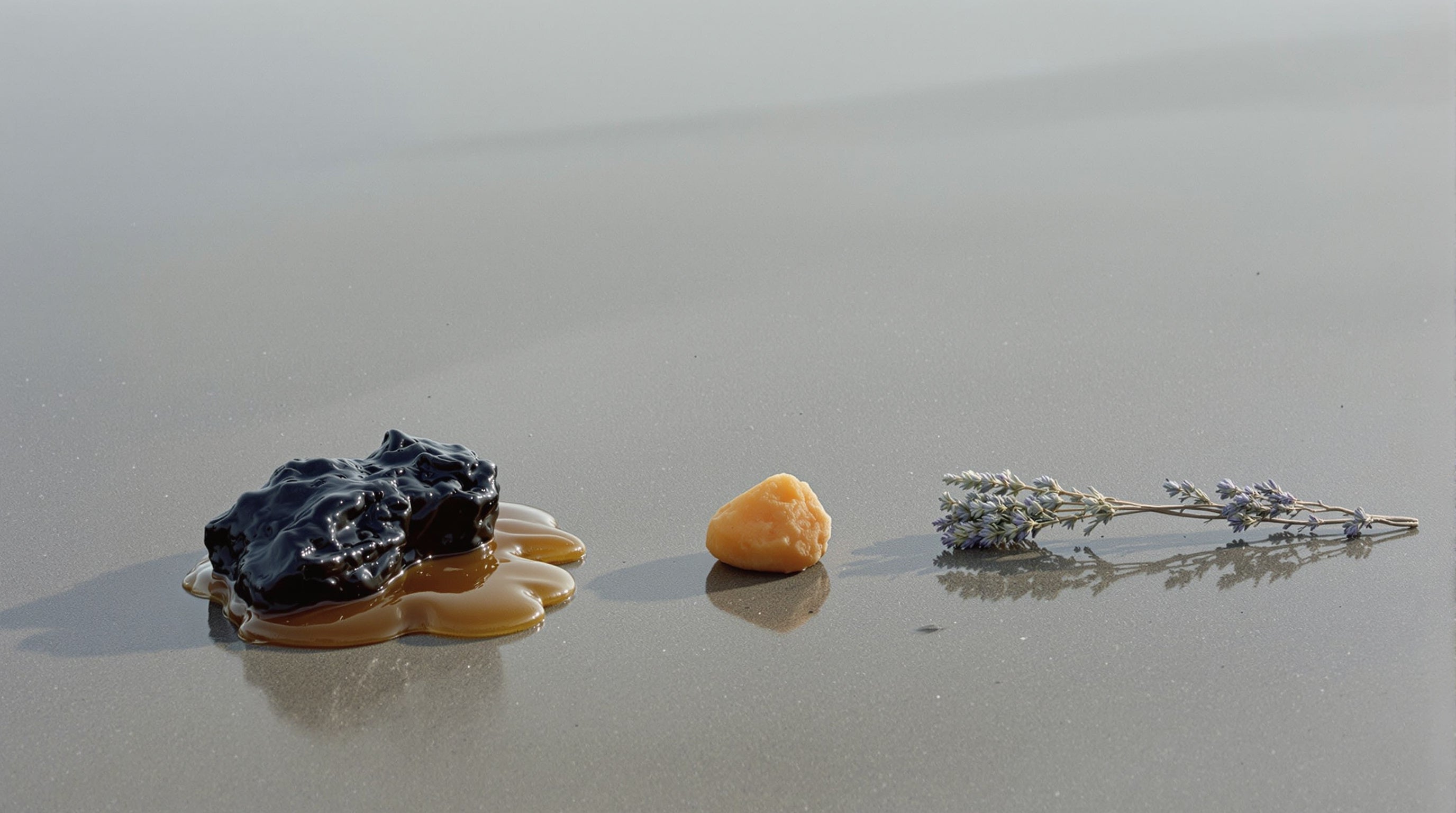 A grey tidal shoreline with a waxy dark mass, a pool of golden resin, an orange fossil pebble and cut clary sage stalks lying apart on wet sand