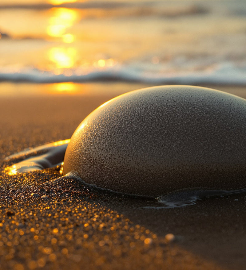 A smooth waxy mass of ambergris half buried in wet sand at the tideline, lit by low golden dawn light