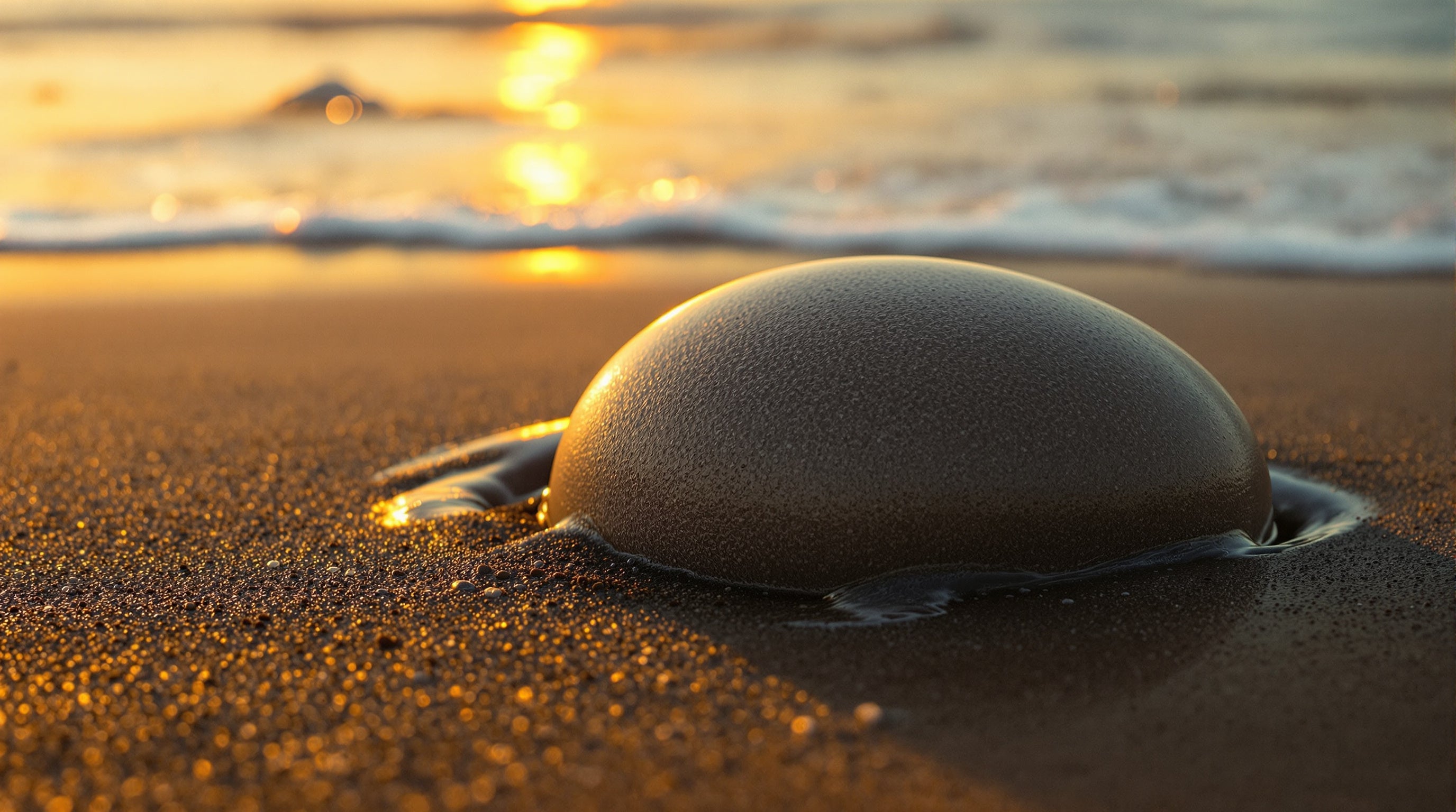A smooth waxy mass of ambergris half buried in wet sand at the tideline, lit by low golden dawn light
