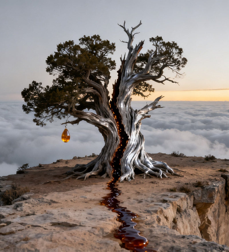 A lightning-split juniper on a mountain ledge at dusk, amber resin seeping from the wound above a sea of clouds, evoking Amouage Decision