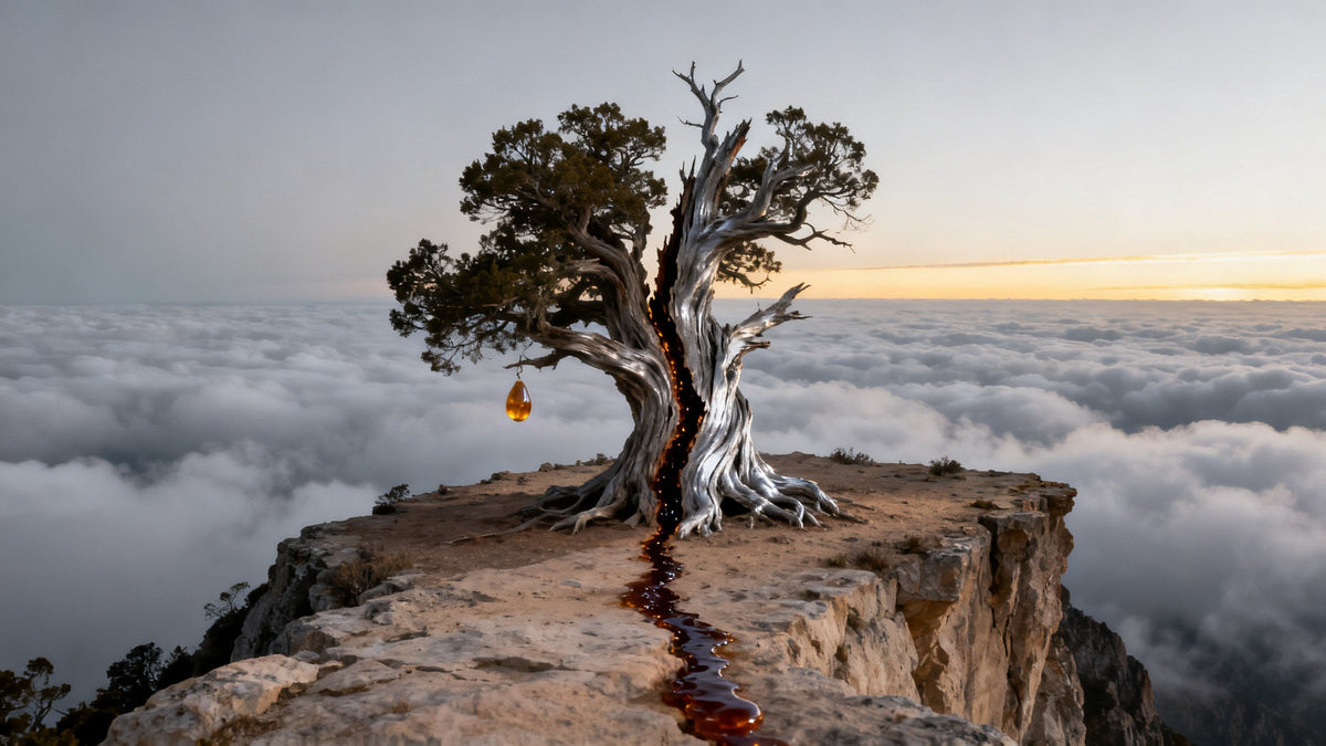 A lightning-split juniper on a mountain ledge at dusk, amber resin seeping from the wound above a sea of clouds, evoking Amouage Decision