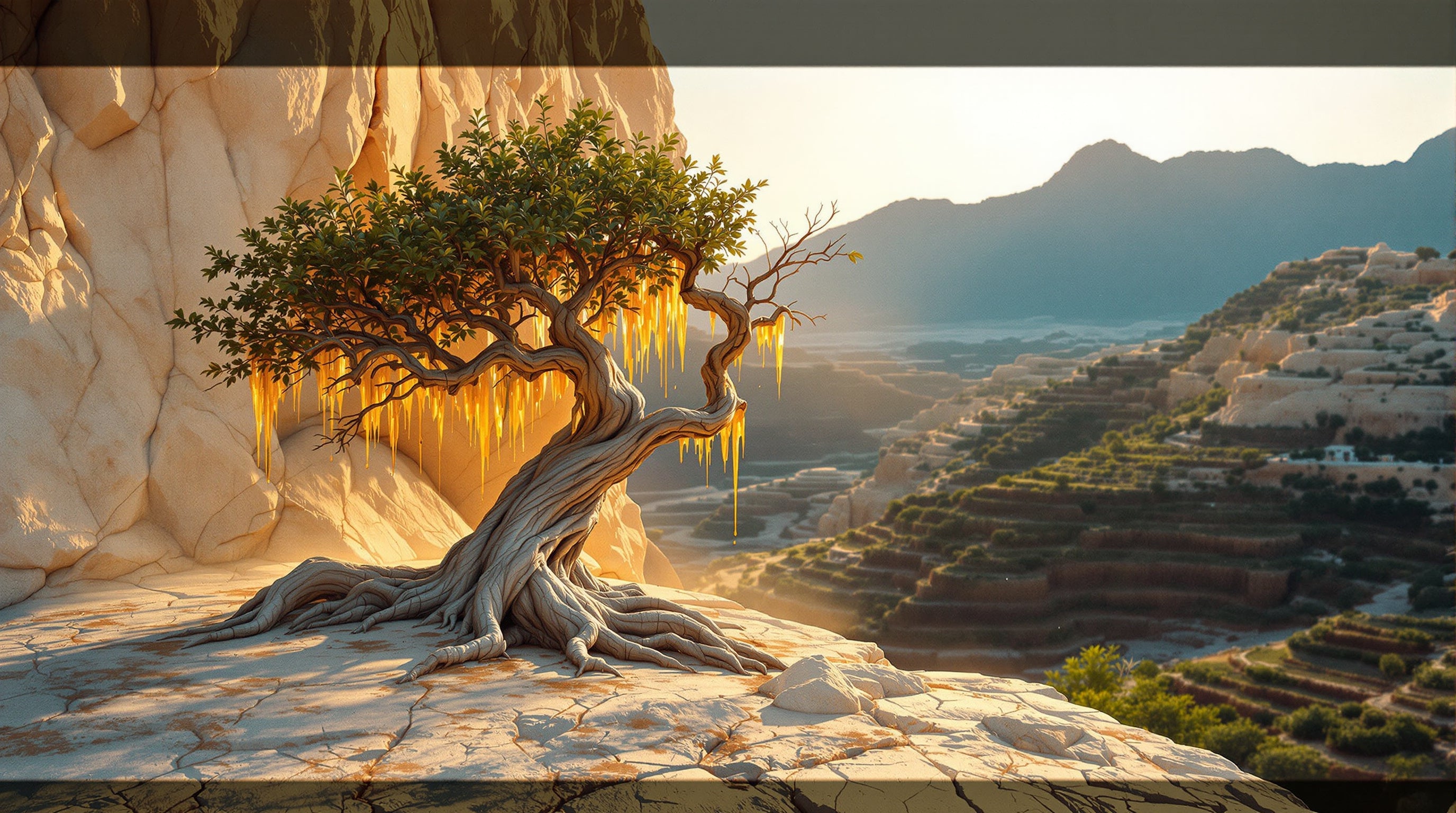Un antiguo árbol de incienso derramando resina ámbar en un escarpe de piedra caliza soleado, sobre campos de montaña en terrazas envueltos en bruma.