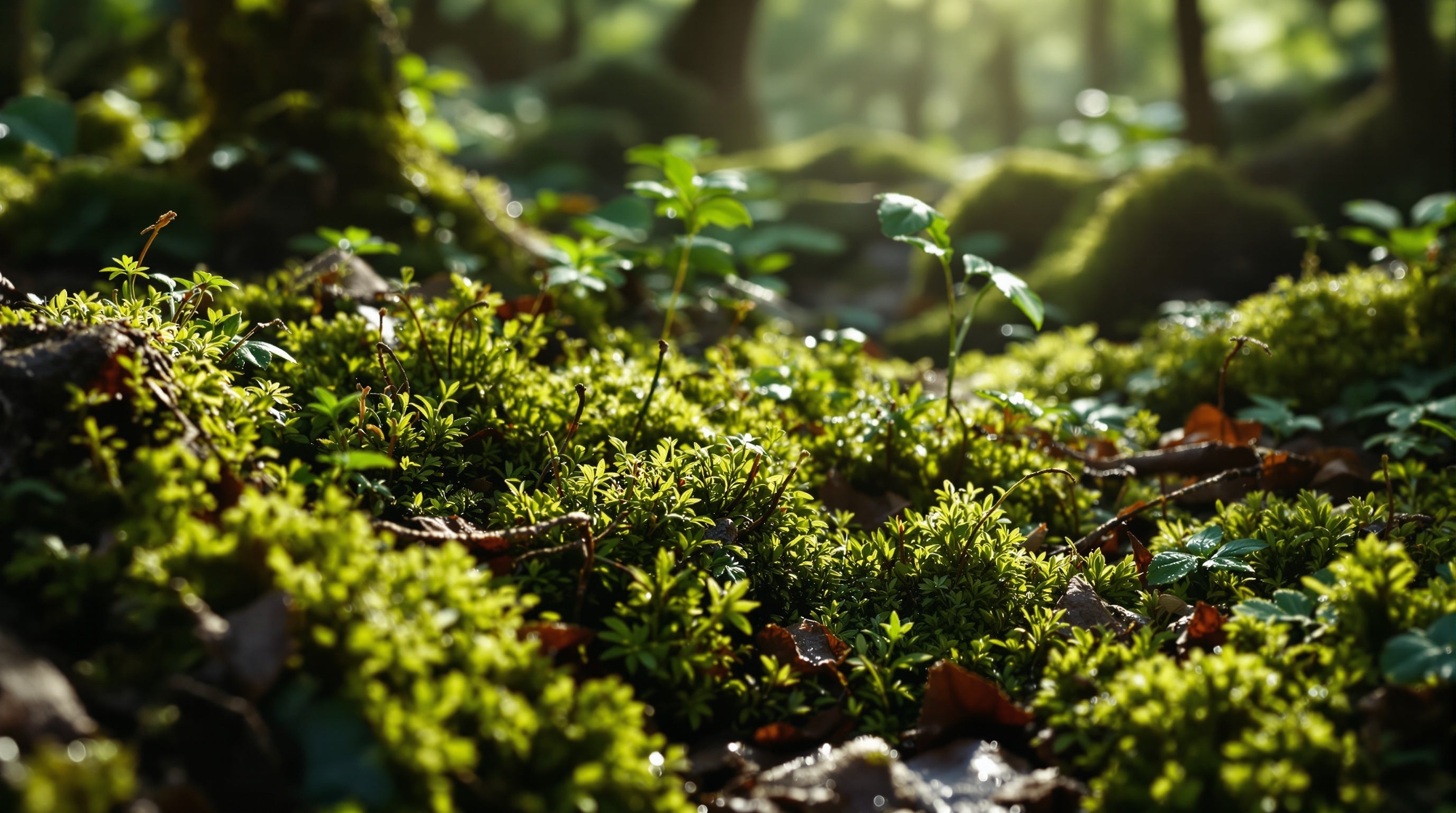 Mossy forest floor of vetiver roots and oakmoss in dappled light, evoking Areej Le Doré