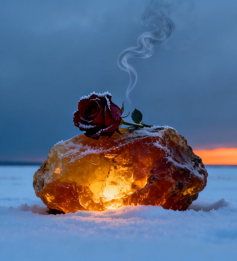 A glowing lump of fossil amber crowned with a dark red rose on a snowy plain at dusk, grey smoke curling above, evoking Areej Le Doré War and Peace 2