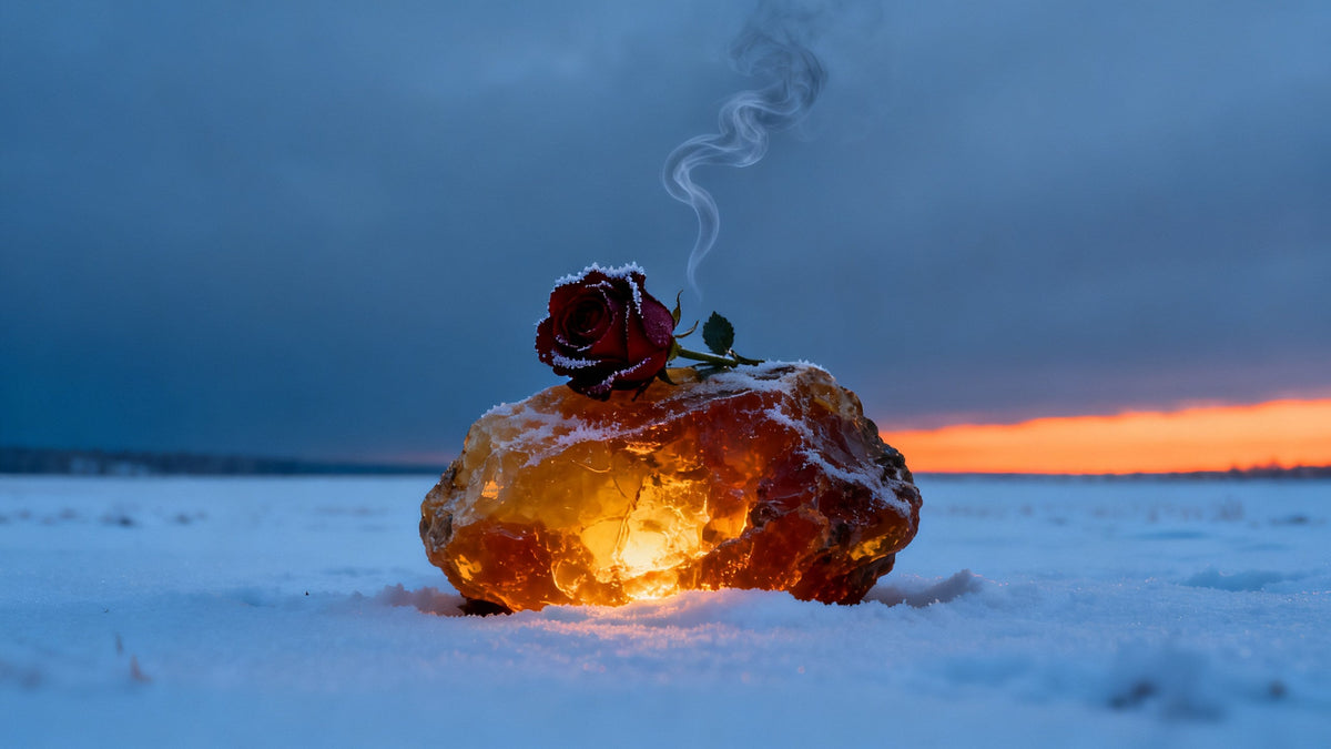 A glowing lump of fossil amber crowned with a dark red rose on a snowy plain at dusk, grey smoke curling above, evoking Areej Le Doré War and Peace 2