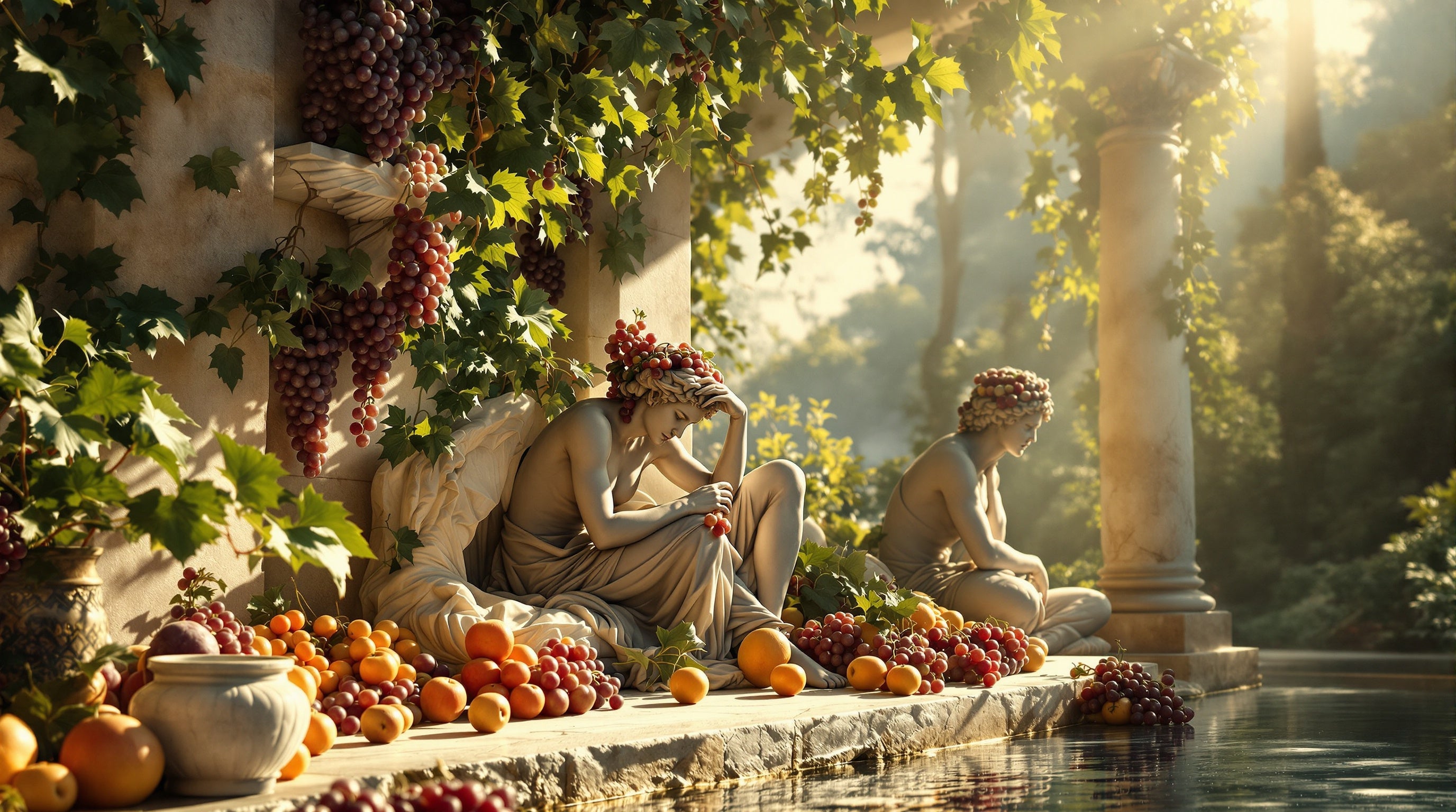 Sunlit classical marble statuary draped in vines and fruit, evoking Argos