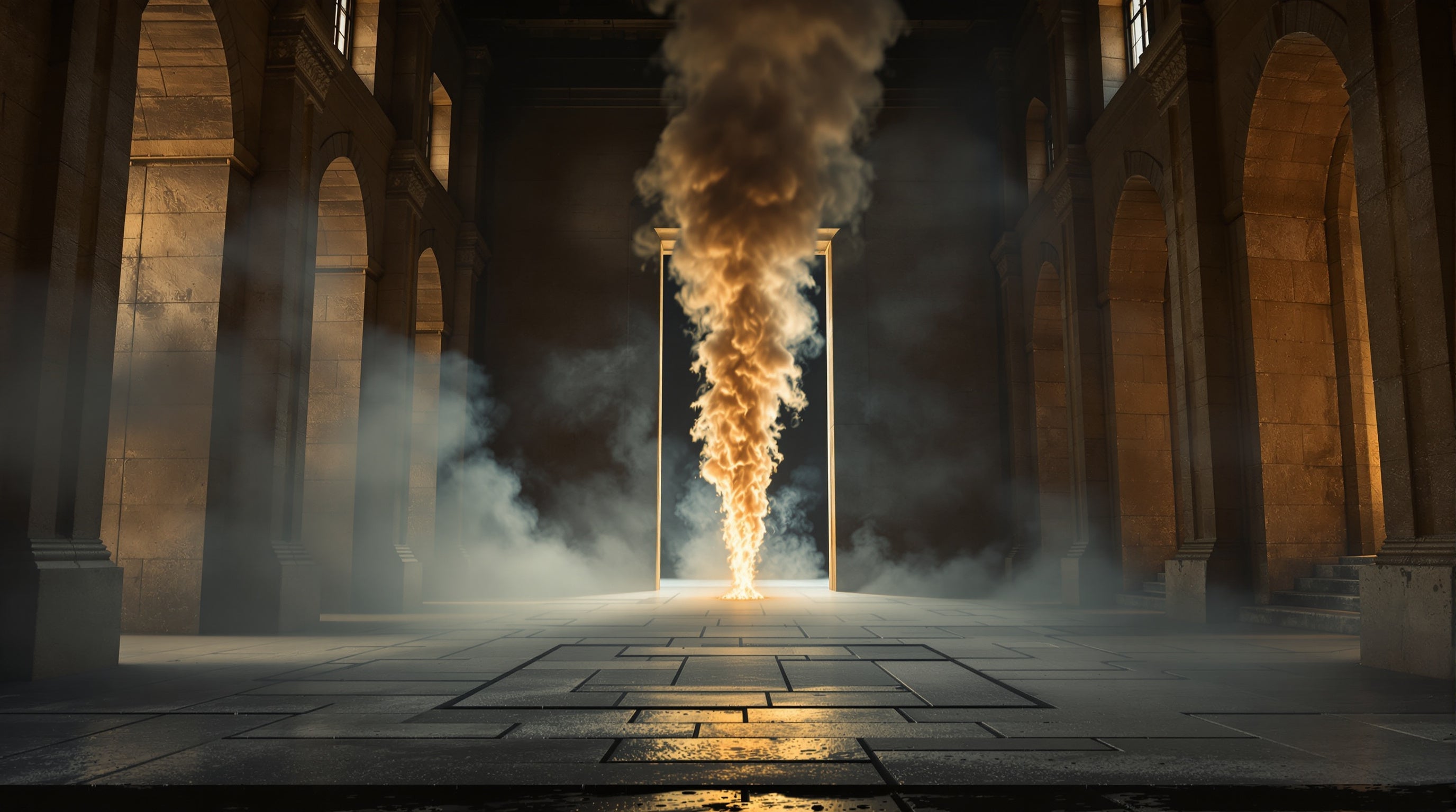 Incense smoke from smouldering embers filling a vast stone hall and drifting out through an open doorway into a corridor at dusk.