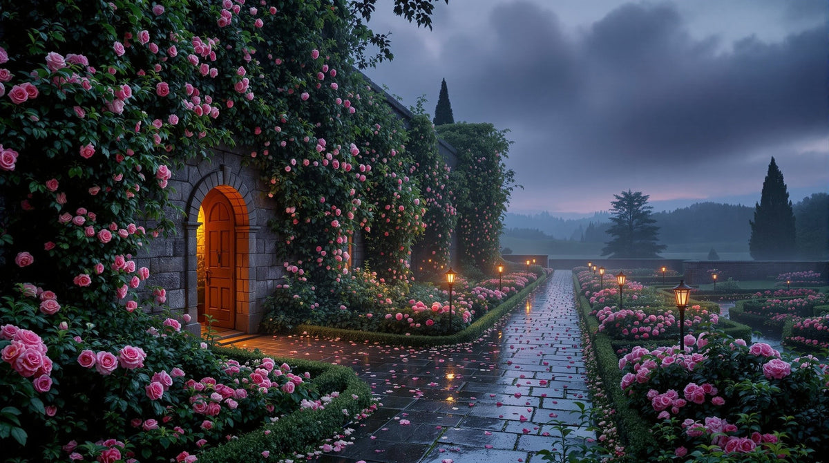 Ein überwucherter, ummauerter Garten in der Abenddämmerung nach dem Regen, Rosen und weiße Blüten wuchern über feuchten Stein hin zu einem fernen, leuchtenden Torbogen.