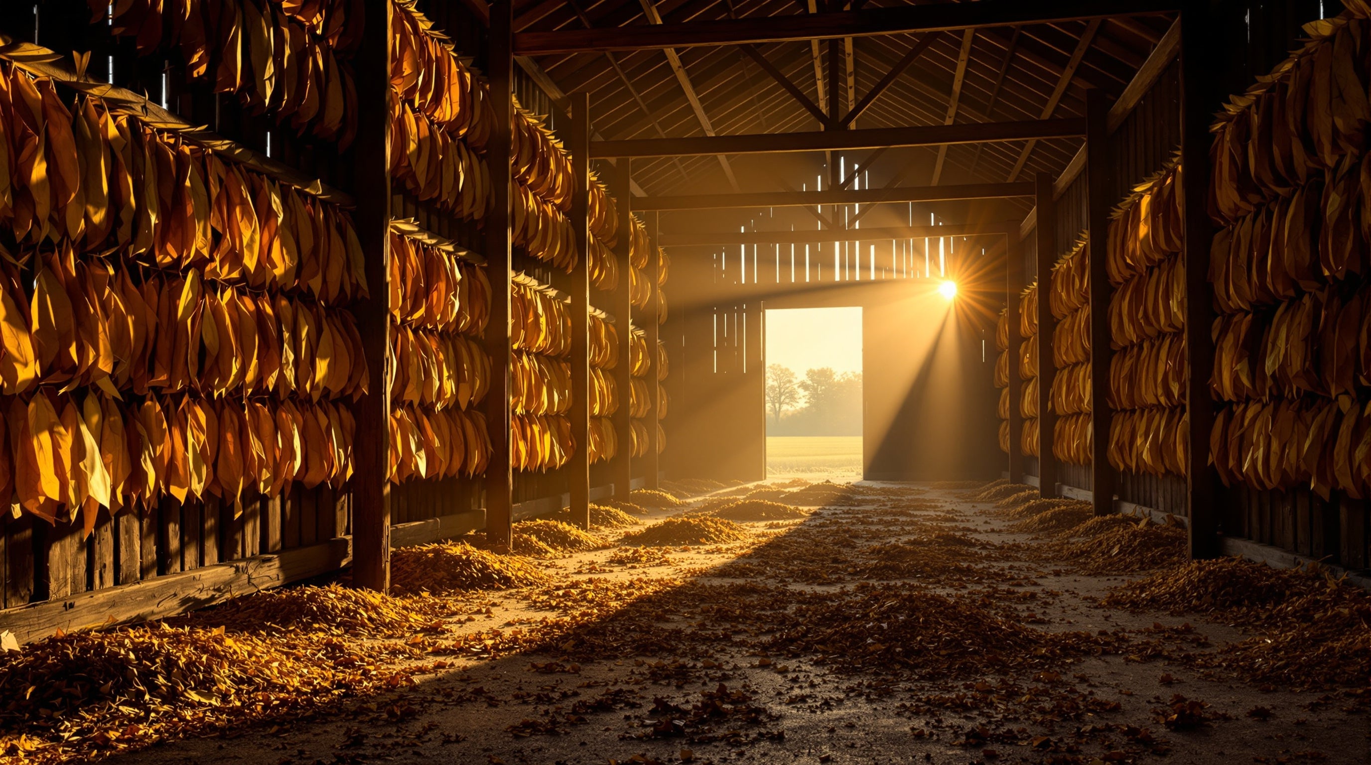 Rows of tobacco leaves hanging to cure inside an old wooden barn, lit by warm shafts of late afternoon sun through gapped plank walls.