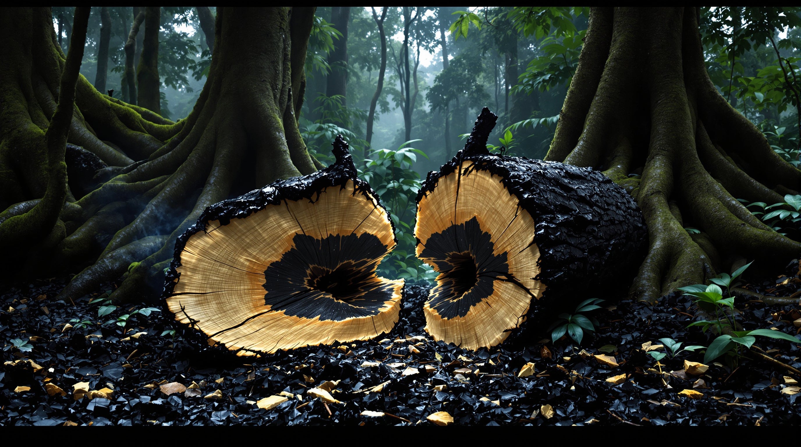 Un tronc d'agar fendu dans une forêt tropicale embrumée à l'aube, son bois pâle veiné de résine sombre.