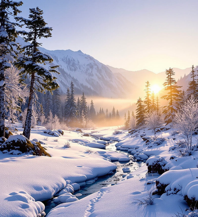 A snowy high-altitude fir and birch forest clearing at dusk, with faint animal tracks in the snow and gold light on the mist.
