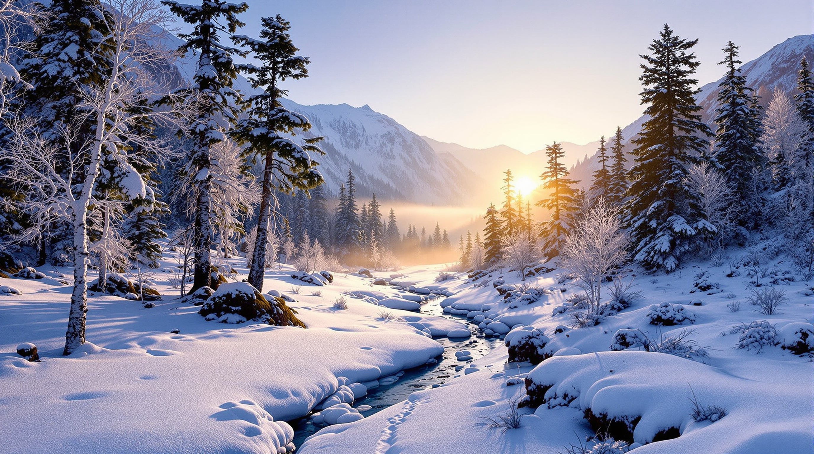 A snowy high-altitude fir and birch forest clearing at dusk, with faint animal tracks in the snow and gold light on the mist.