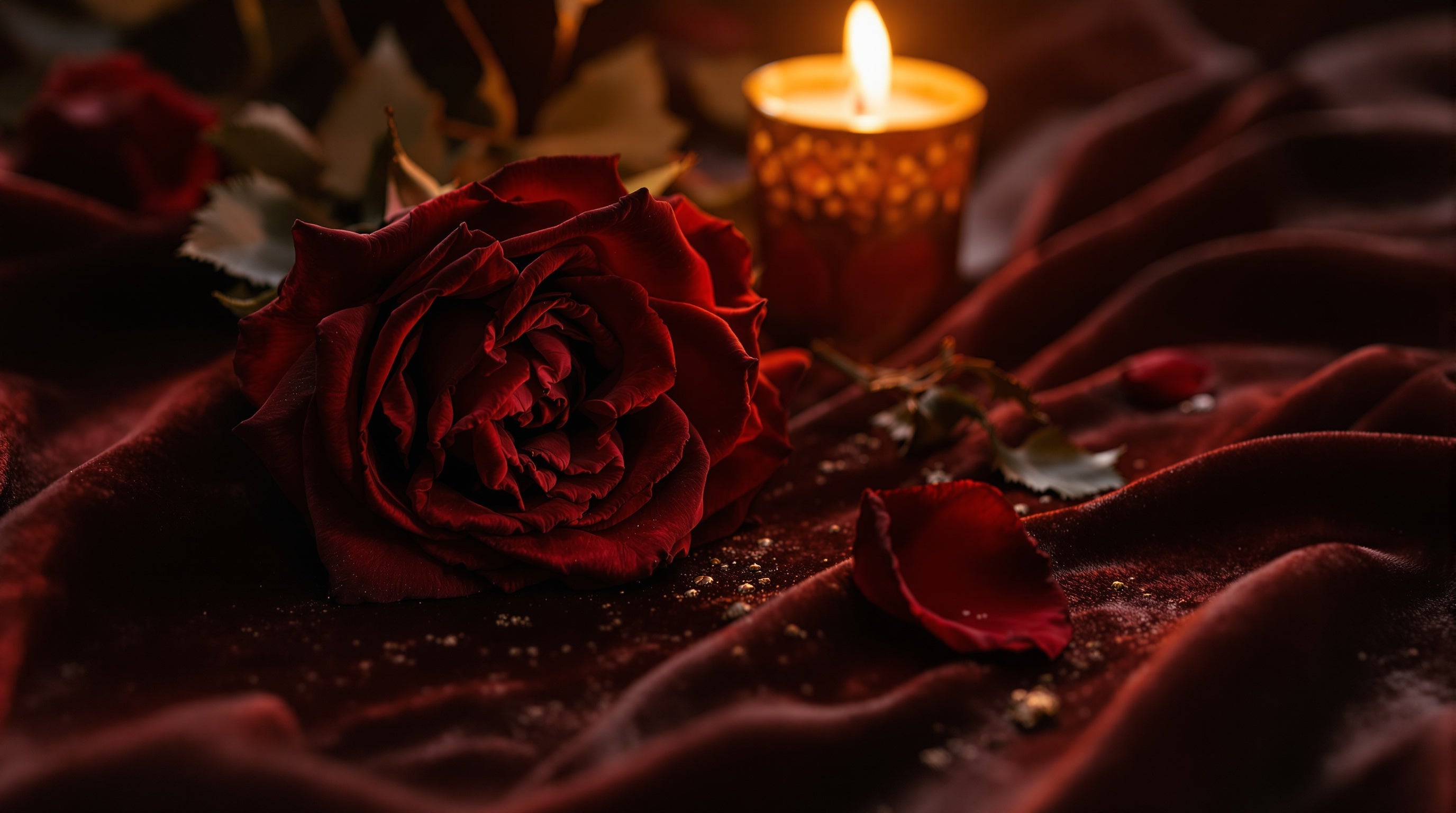 Deep crimson roses and dark oud wood on aged velvet in candlelight, evoking Bortnikoff