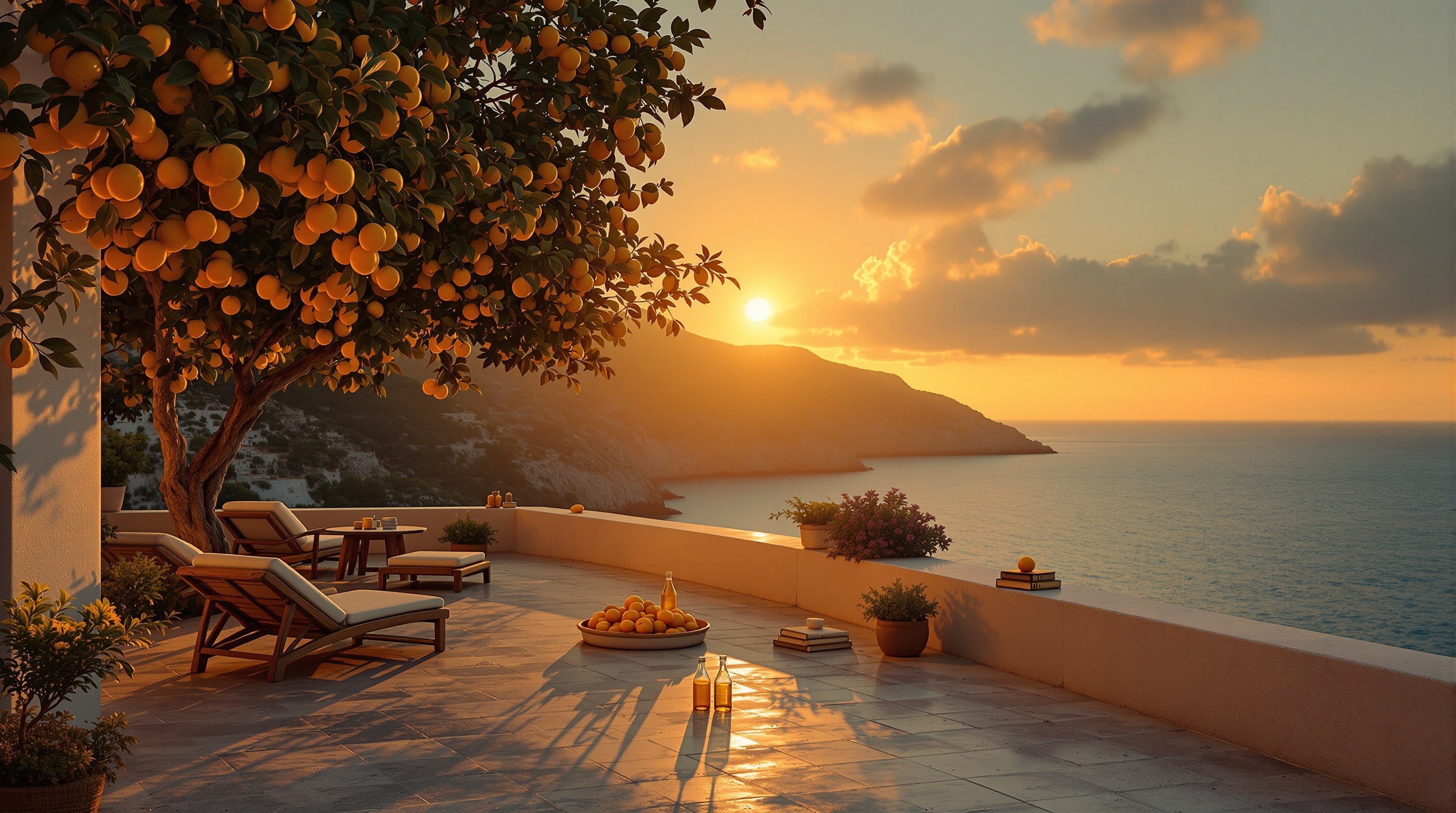 A Mediterranean coastal terrace at golden dusk