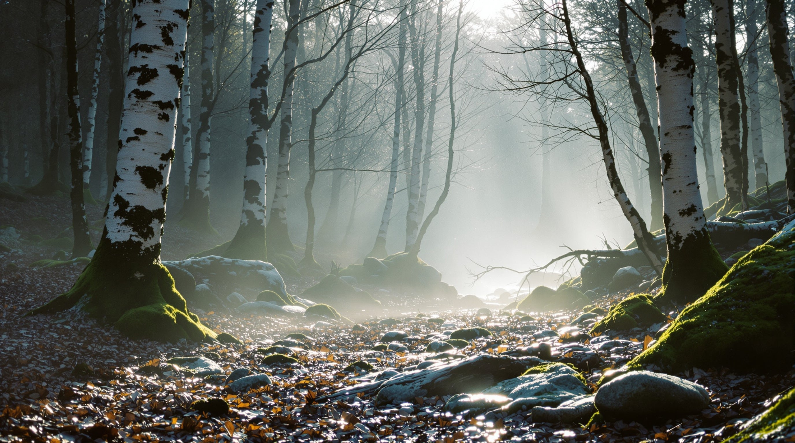 Mist trailing away between birch trunks at dawn over a mossy forest clearing