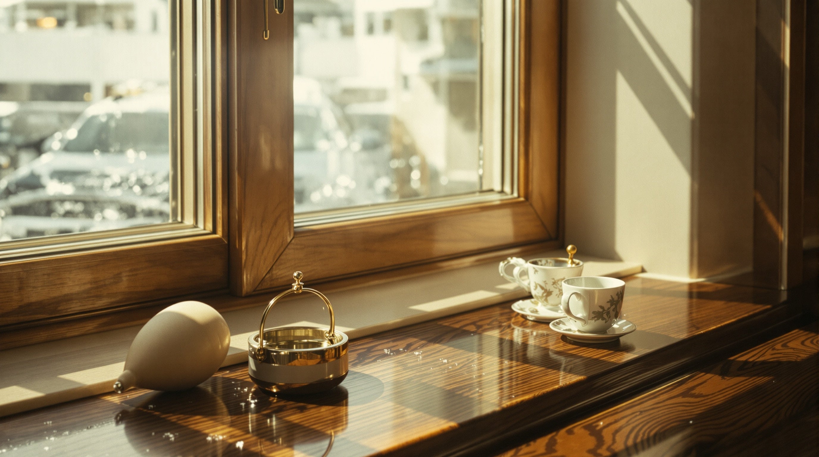 Bergamot, cedar and sea spray on polished dark wood by a sunlit window, evoking Creed