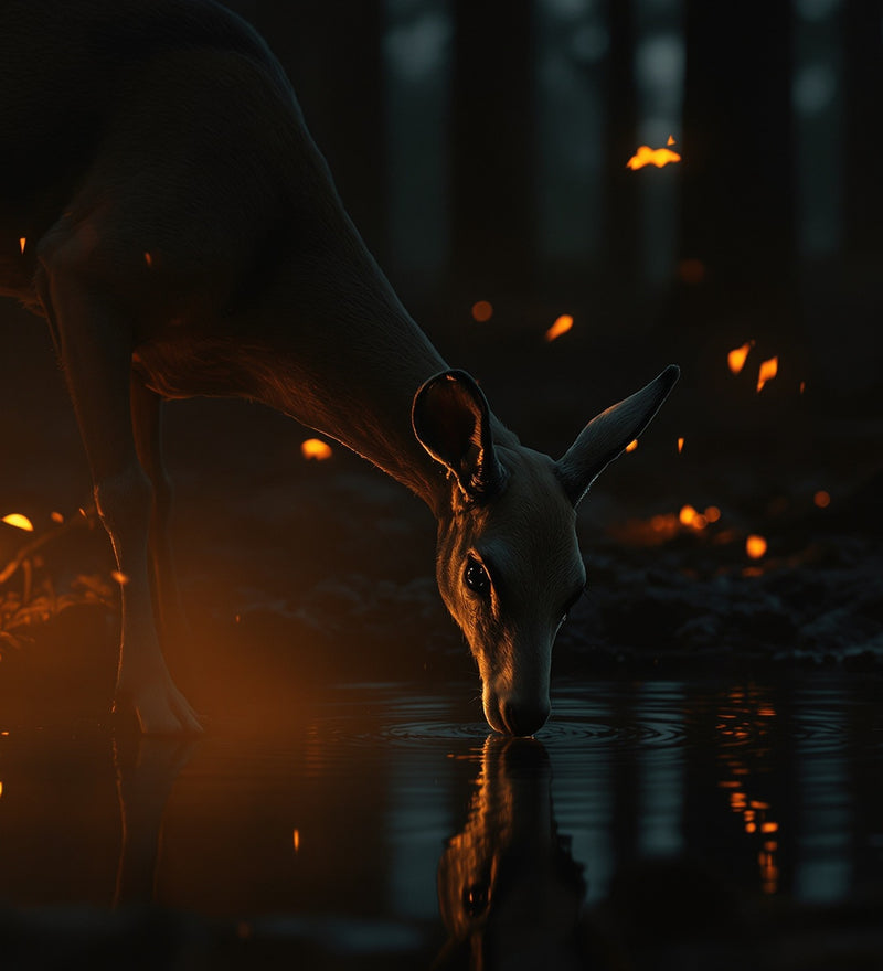 A hornless musk deer doe drinking from a dark forest pool at night, surrounded by drifting amber embers