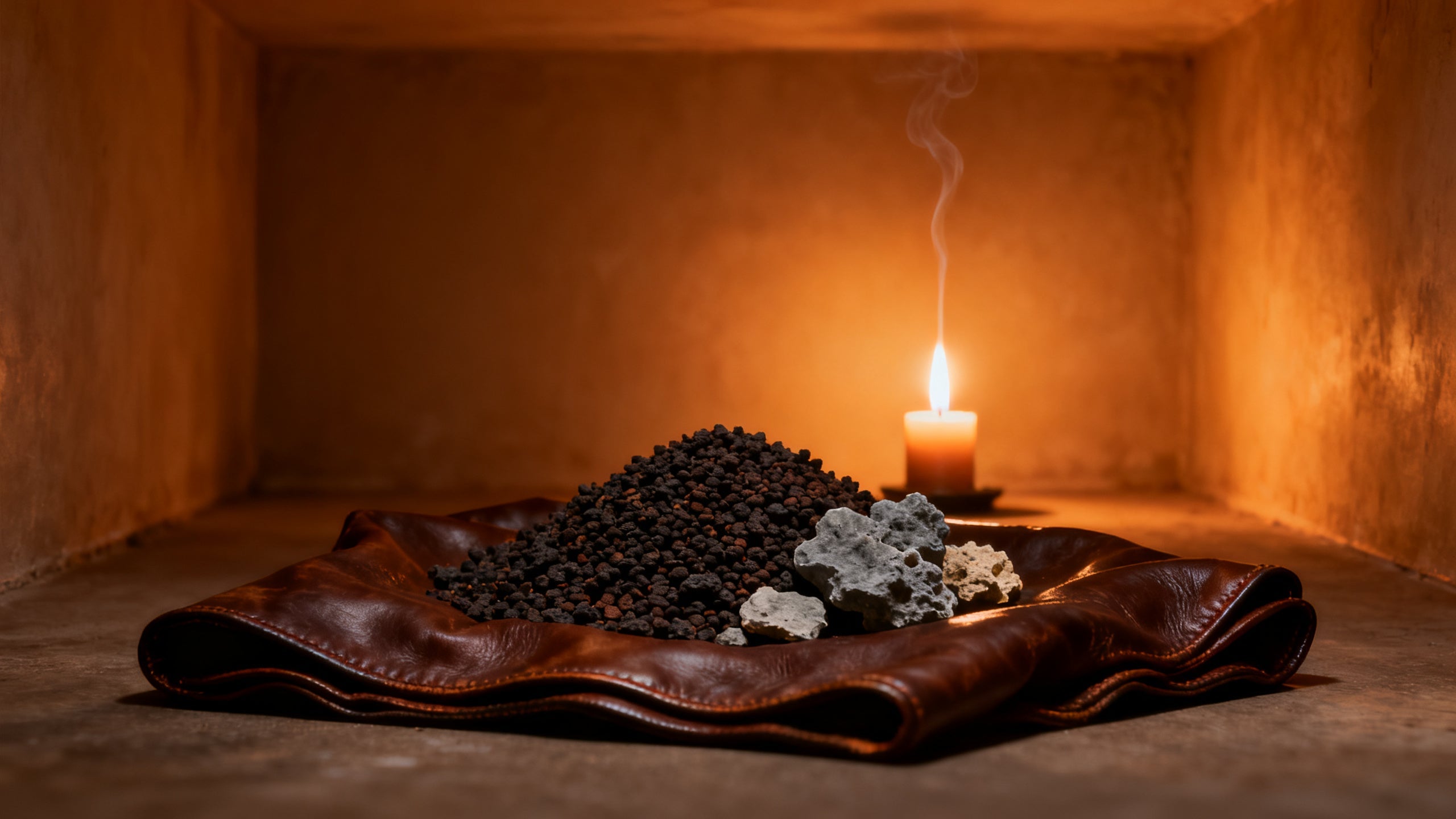 Dark musk grains and raw ambergris on aged leather under a still candle flame, evoking animalic niche fragrances