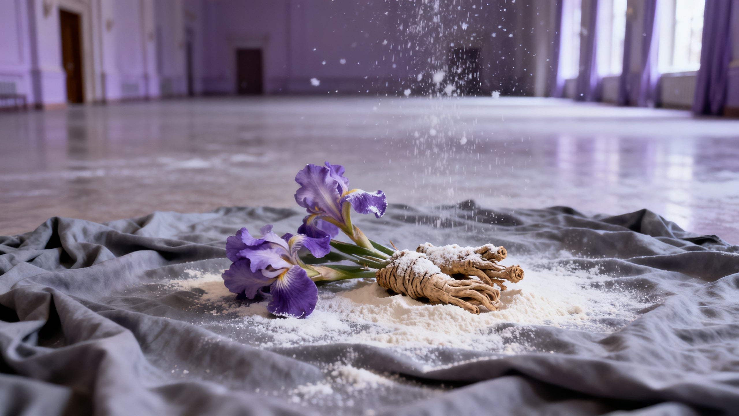Pale iris blooms and powdered orris root suspended in cool grey light, evoking niche iris fragrances