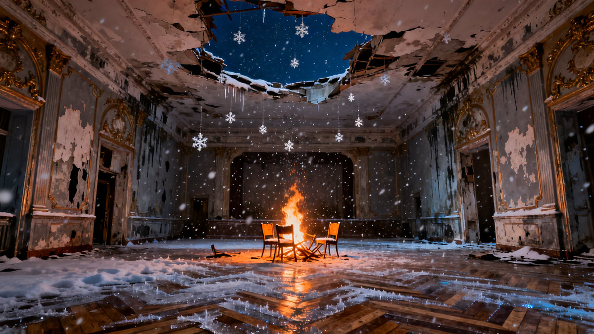 A ruined ballroom at night with snow falling through its open ceiling and hanging motionless in the air above a small amber fire, gilt panels flaking to plaster on the ice glazed parquet floor.