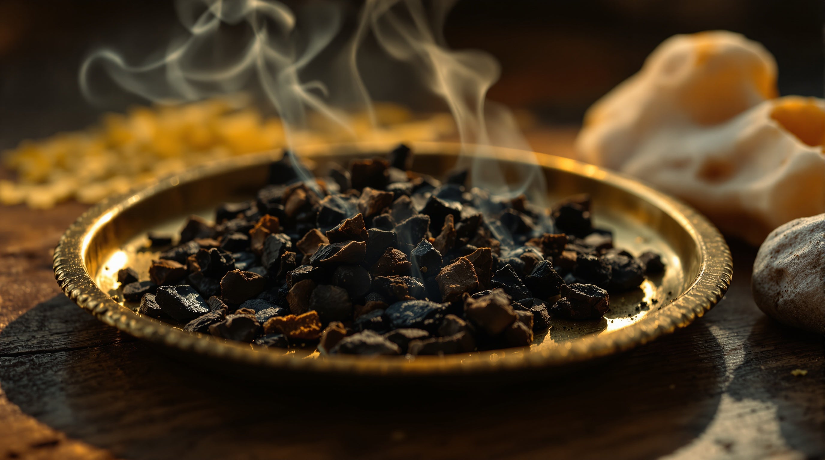 Smouldering aged oud agarwood and resin with curling smoke, evoking Ensar Oud