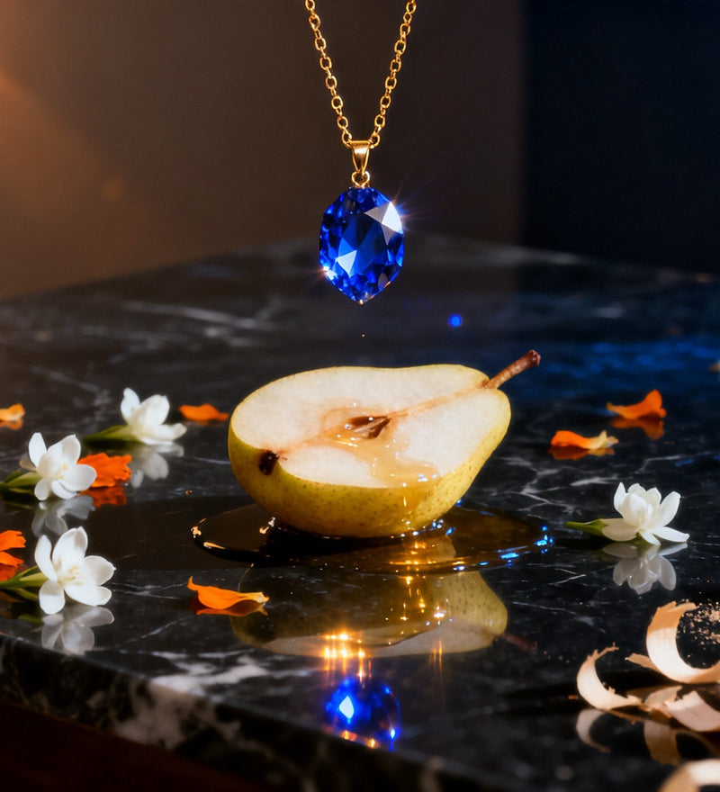 A faceted blue stone on a gold chain over black marble, a quartered pear, white blossoms and sandalwood shavings, evoking Ex Nihilo Blue Talisman Extrait