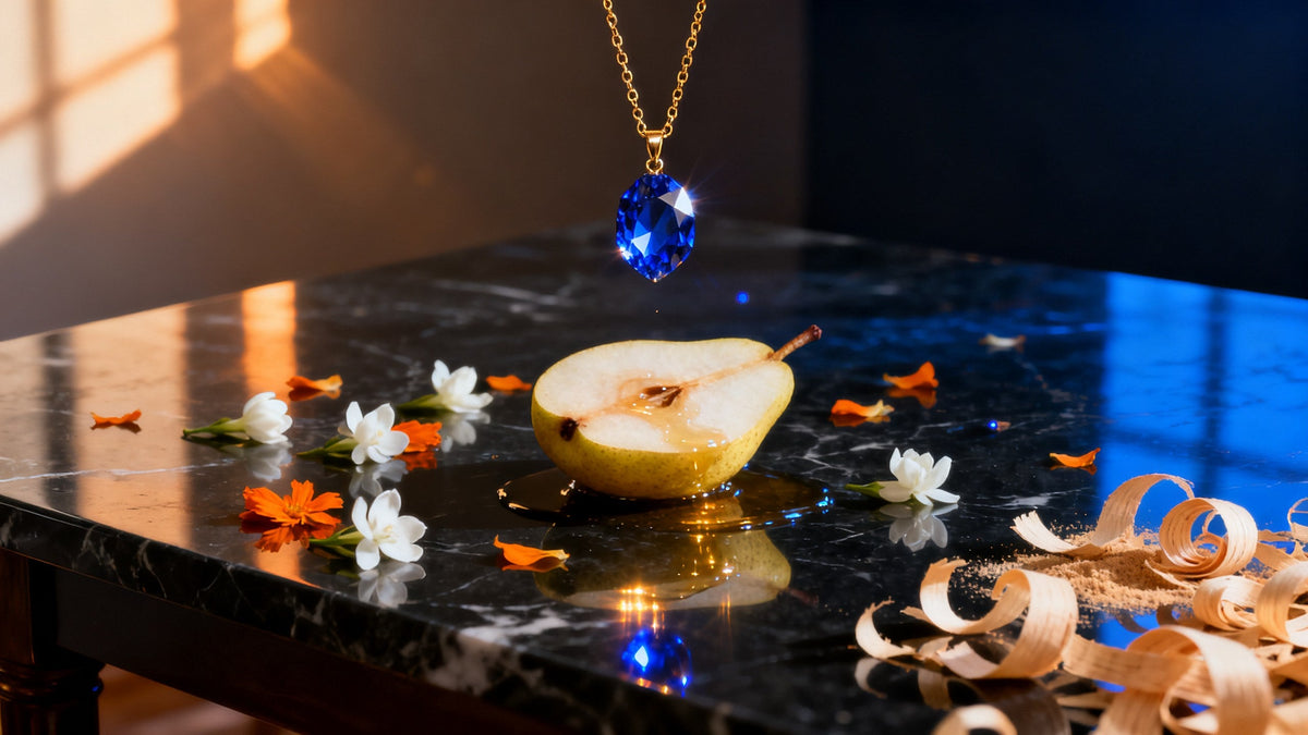 A faceted blue stone on a gold chain over black marble, a quartered pear, white blossoms and sandalwood shavings, evoking Ex Nihilo Blue Talisman Extrait