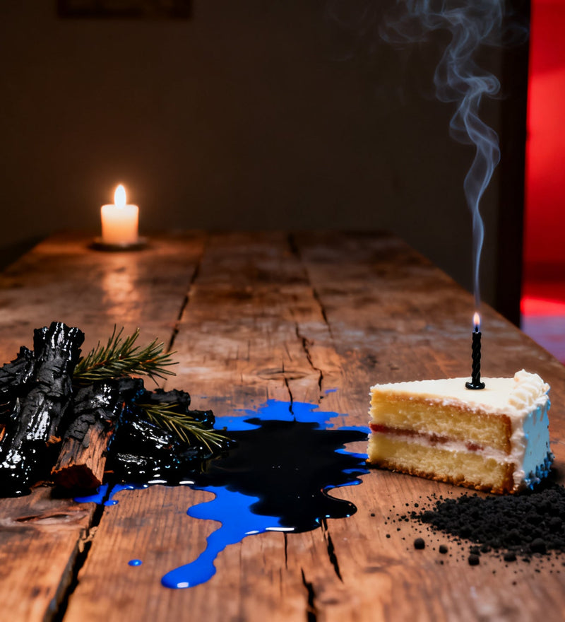 Charred juniper wood, spilled ink, a snuffed birthday candle and scattered gunpowder on a dark table, one thread of smoke standing perfectly still in crimson and blue light.