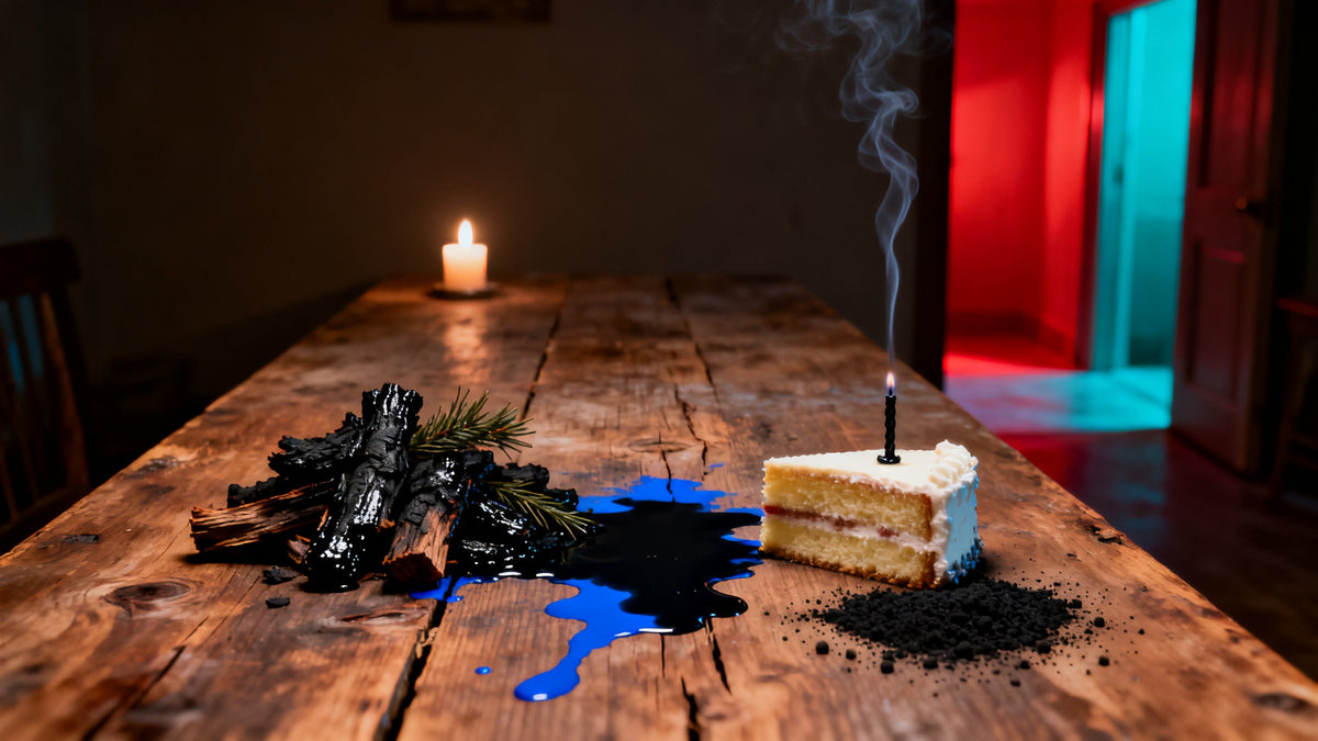 Charred juniper wood, spilled ink, a snuffed birthday candle and scattered gunpowder on a dark table, one thread of smoke standing perfectly still in crimson and blue light.