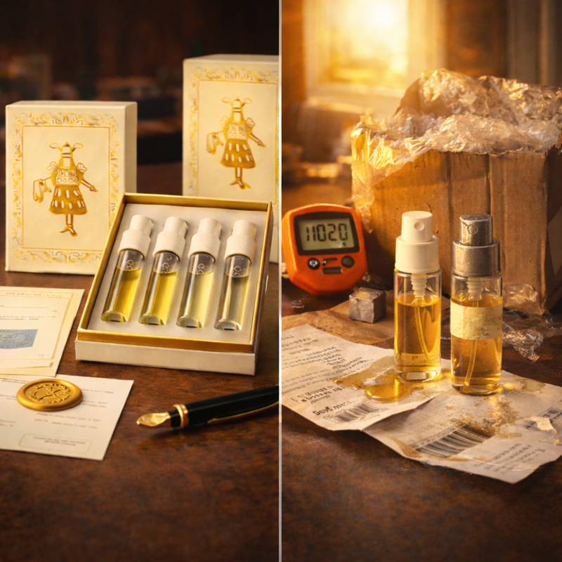 Two decants of the same niche perfume showing why sourcing and process matter