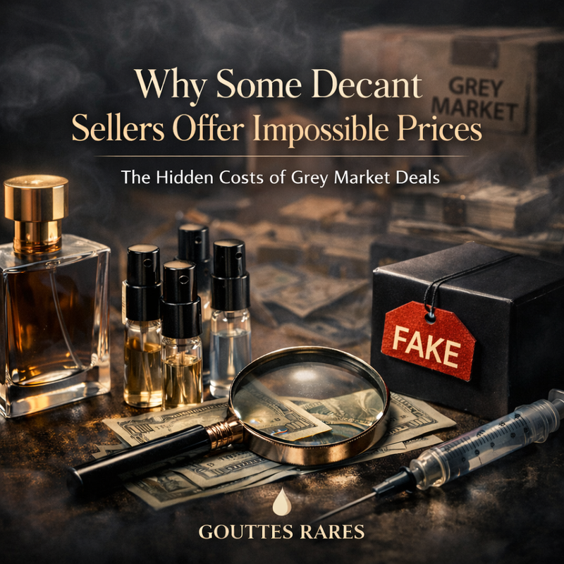 Niche perfume decant pricing comparison showing why some prices are impossible at Gouttes Rares