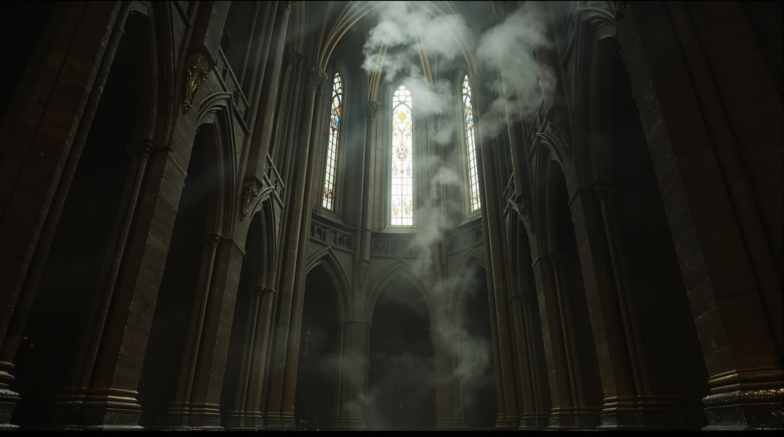 Gothic cathedral interior with incense smoke in a shaft of stained-glass light, evoking Filippo Sorcinelli