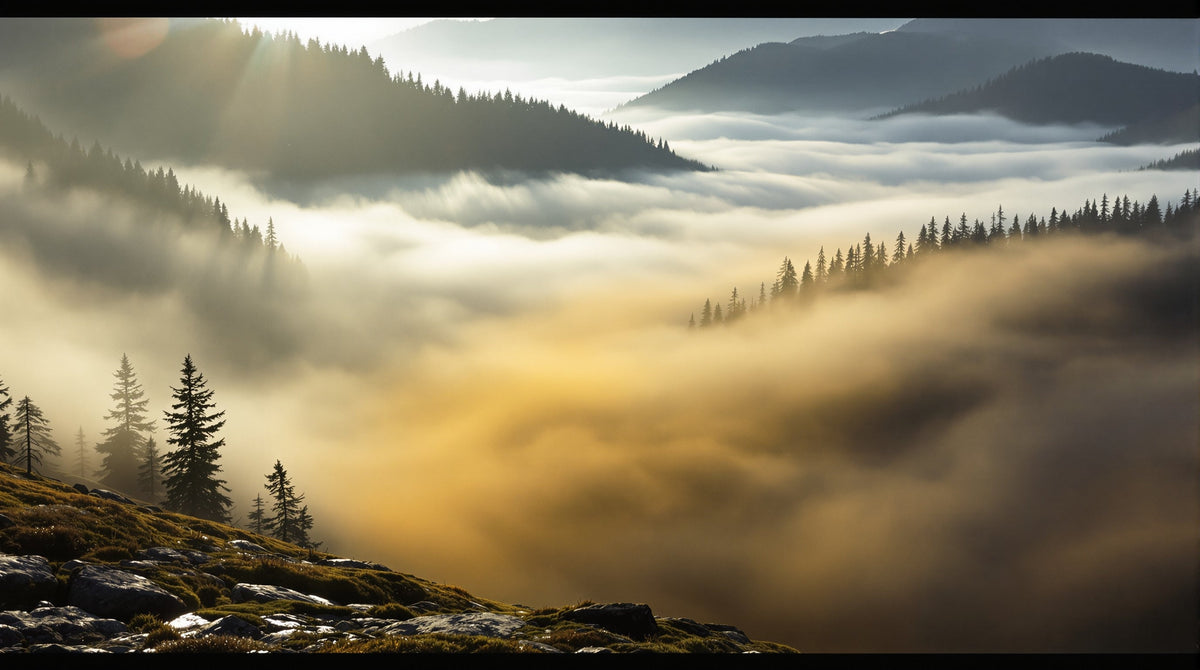 Una valle di cedri all'alba con nebbia stratificata, da una sottile foschia sulle creste a una densa nebbia dorata raccolta sul fondovalle.