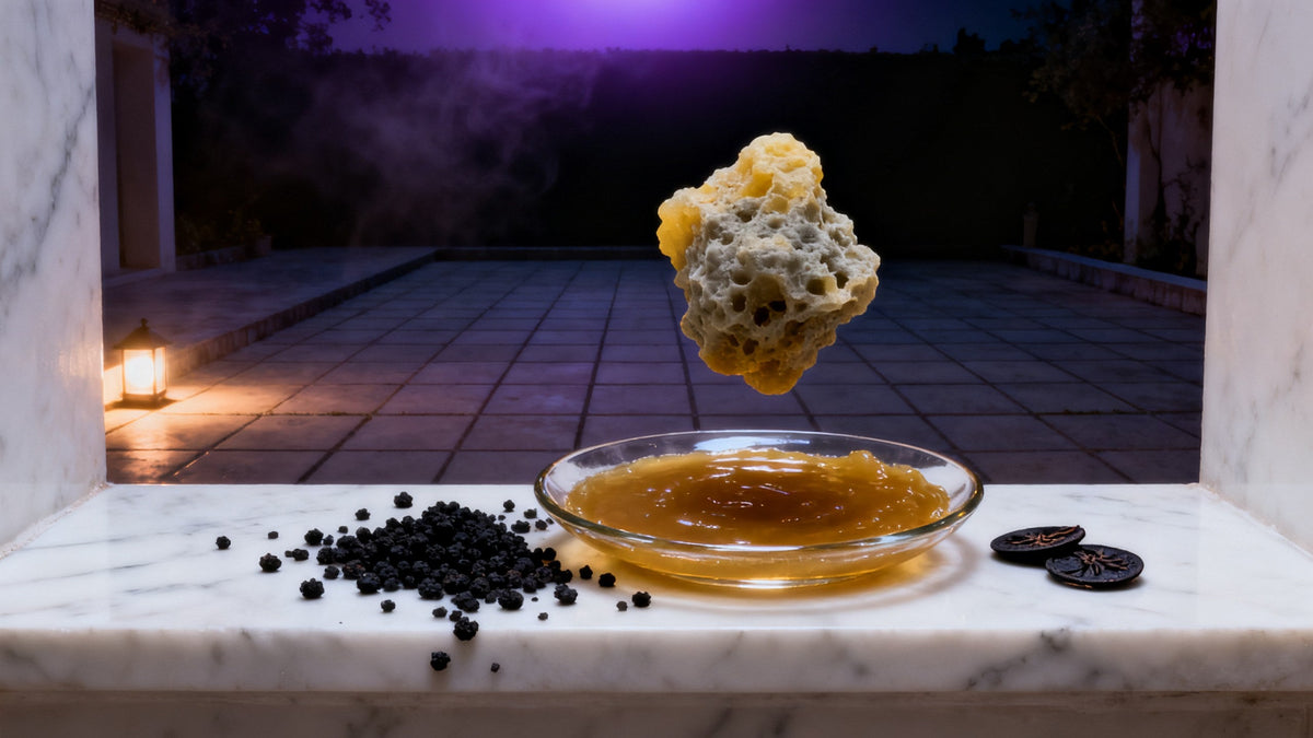 A pale lump of ambergris suspended above a glass dish of golden unguent on a white marble ledge, with black musk grains and small dried perfume discs, in a dark tiled courtyard.