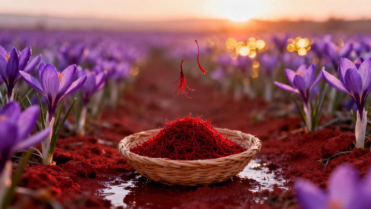 A stone saffron drying room at dusk with woven trays of crimson threads, pale suede and rose petals on a worn table, a field of purple crocus through the open doorway, and one saffron thread hanging motionless in the violet haze.
