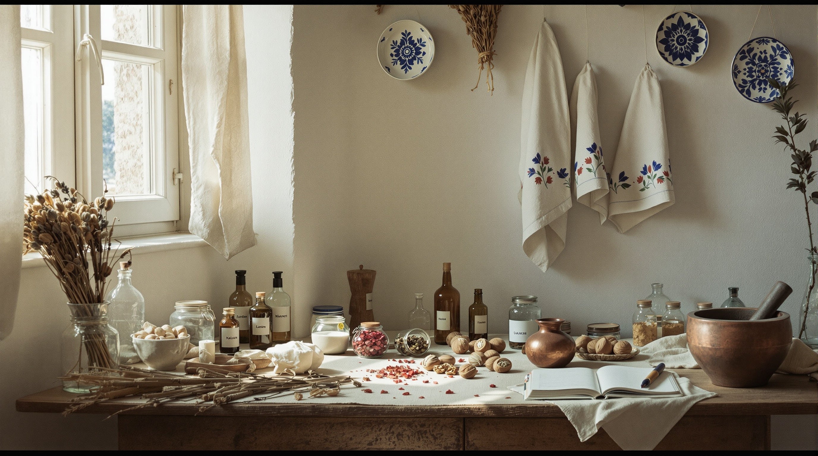 A Romanian folk-craft workshop with painted ceramics, dried herbs and plain vials — Adi Ale Van's artisan natural fragrances.