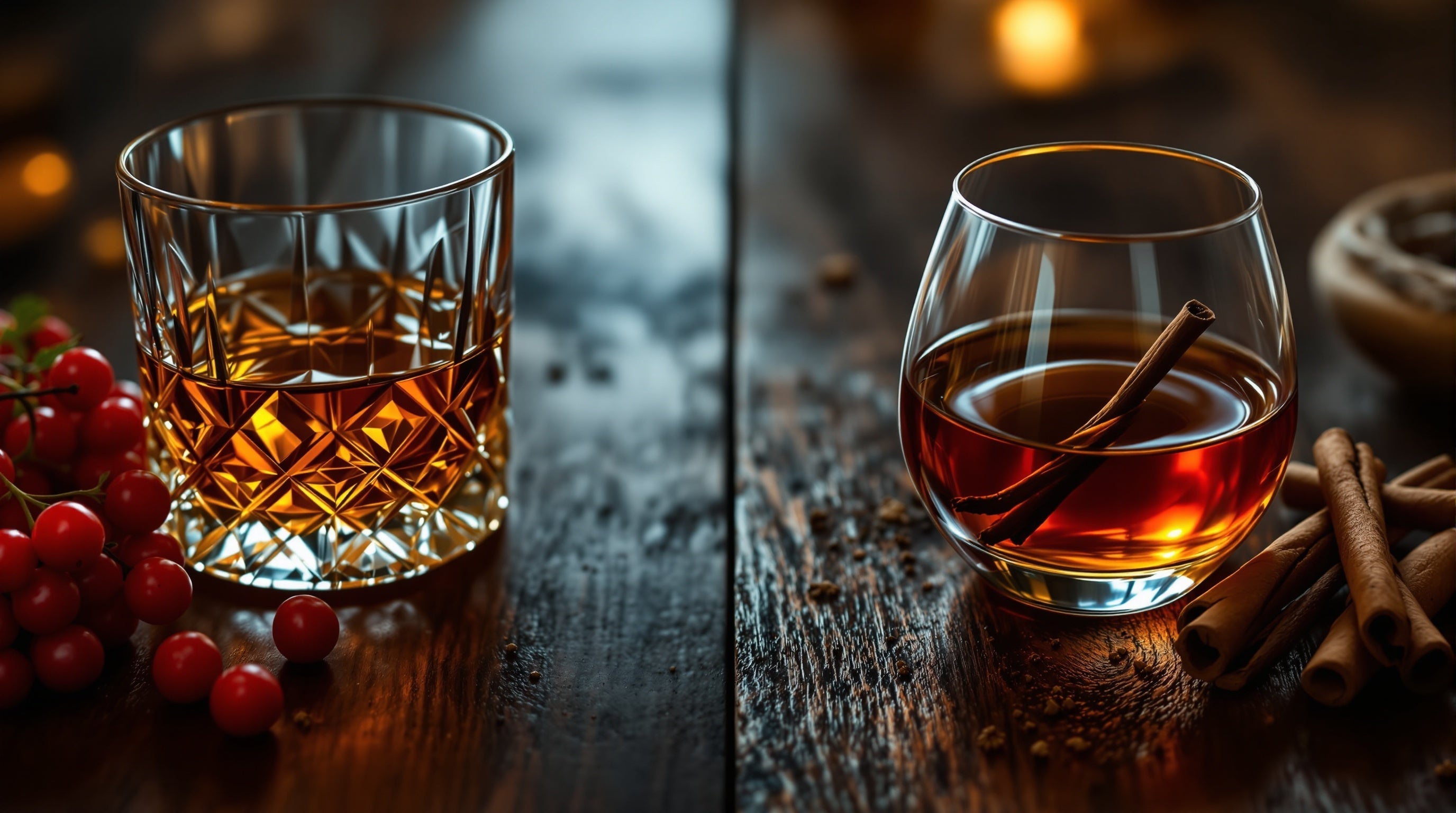 A whiskey tumbler with red berries beside a cognac glass with cinnamon, evoking Baraonda versus Angels Share