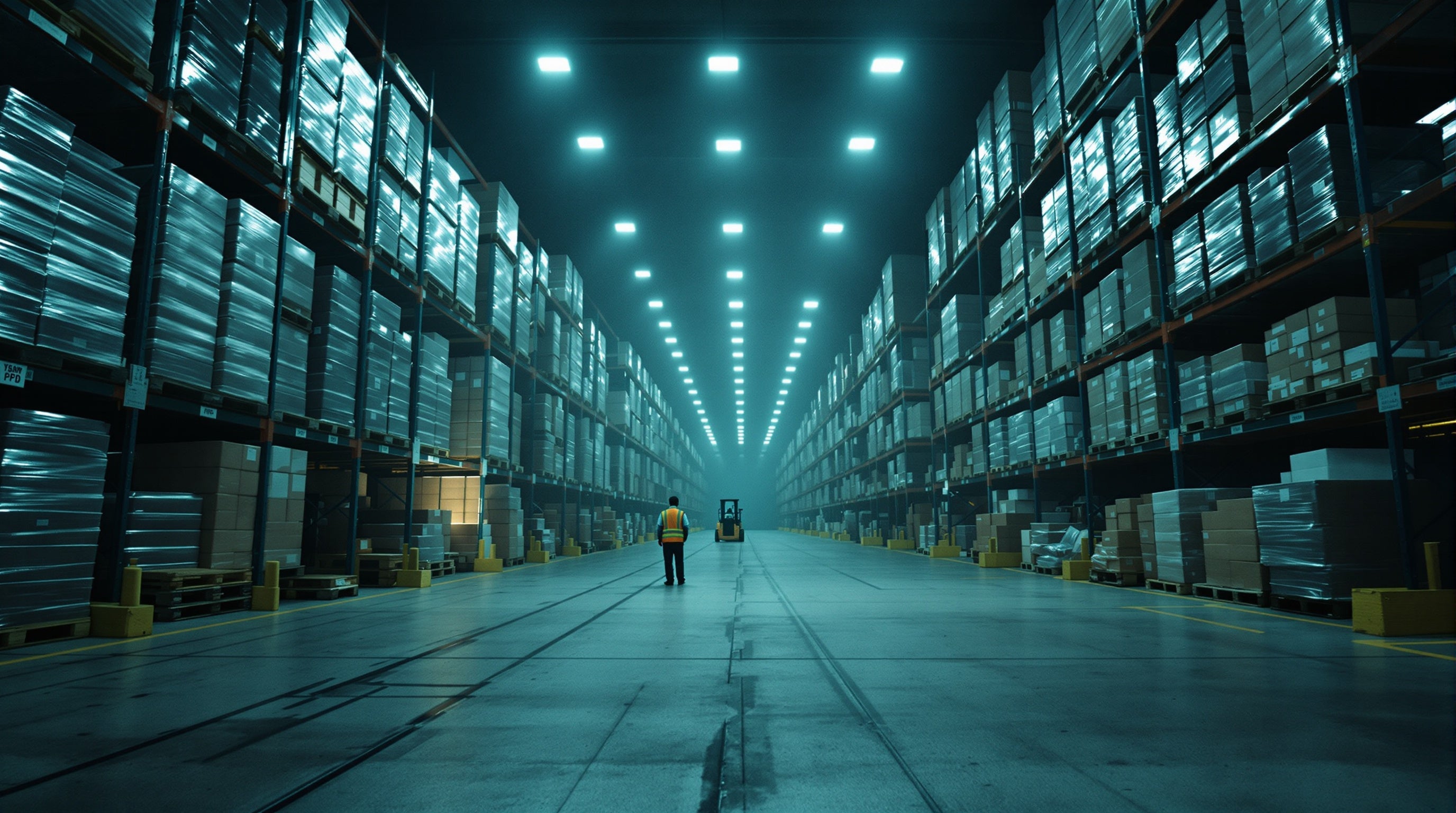 A dim warehouse stacked with anonymous pallets of boxed fragrance — the grey market behind discount perfume quality.