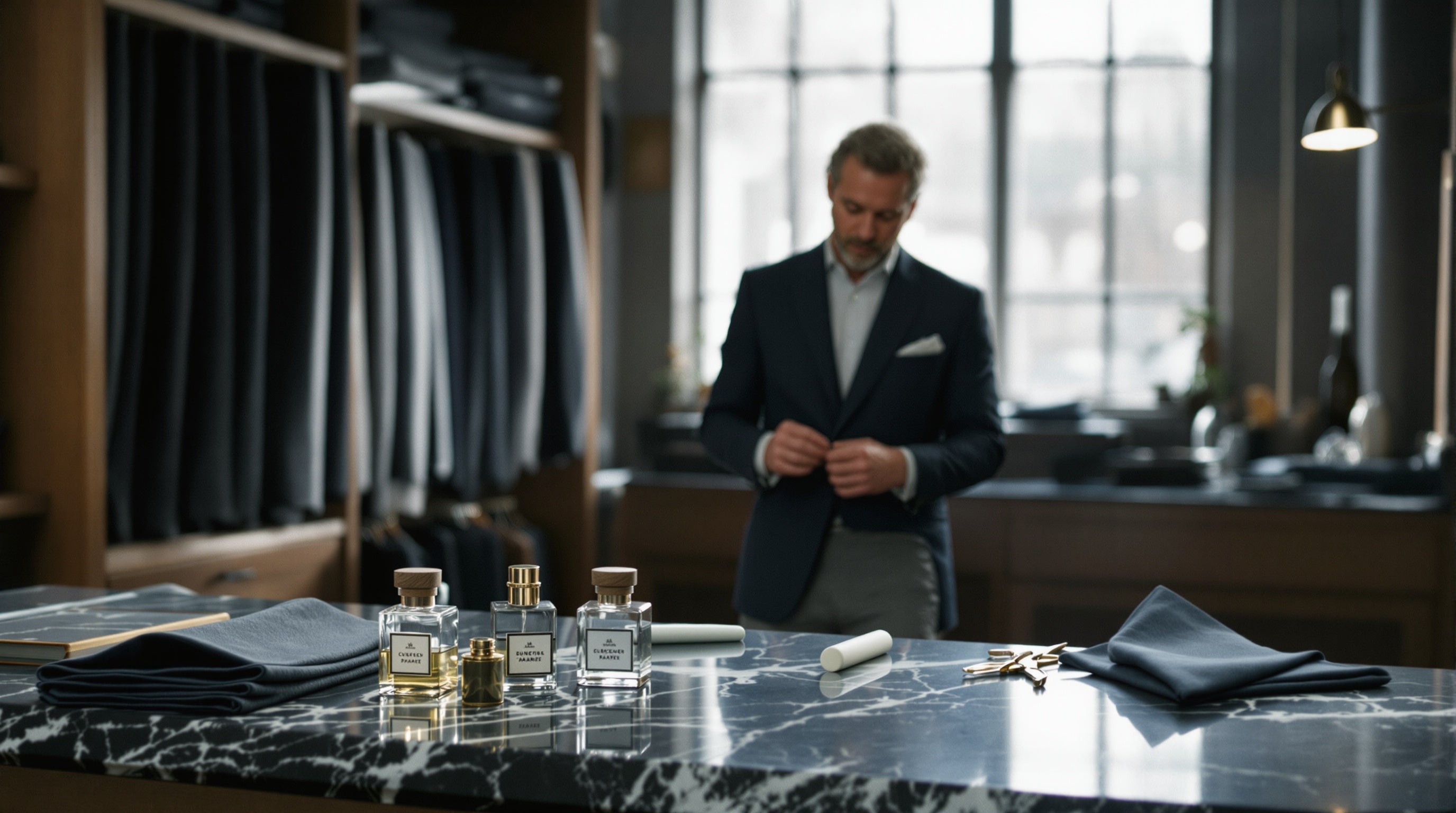A bespoke menswear tailoring atelier in morning light with wool bolts and vials — the best niche fragrances for men.