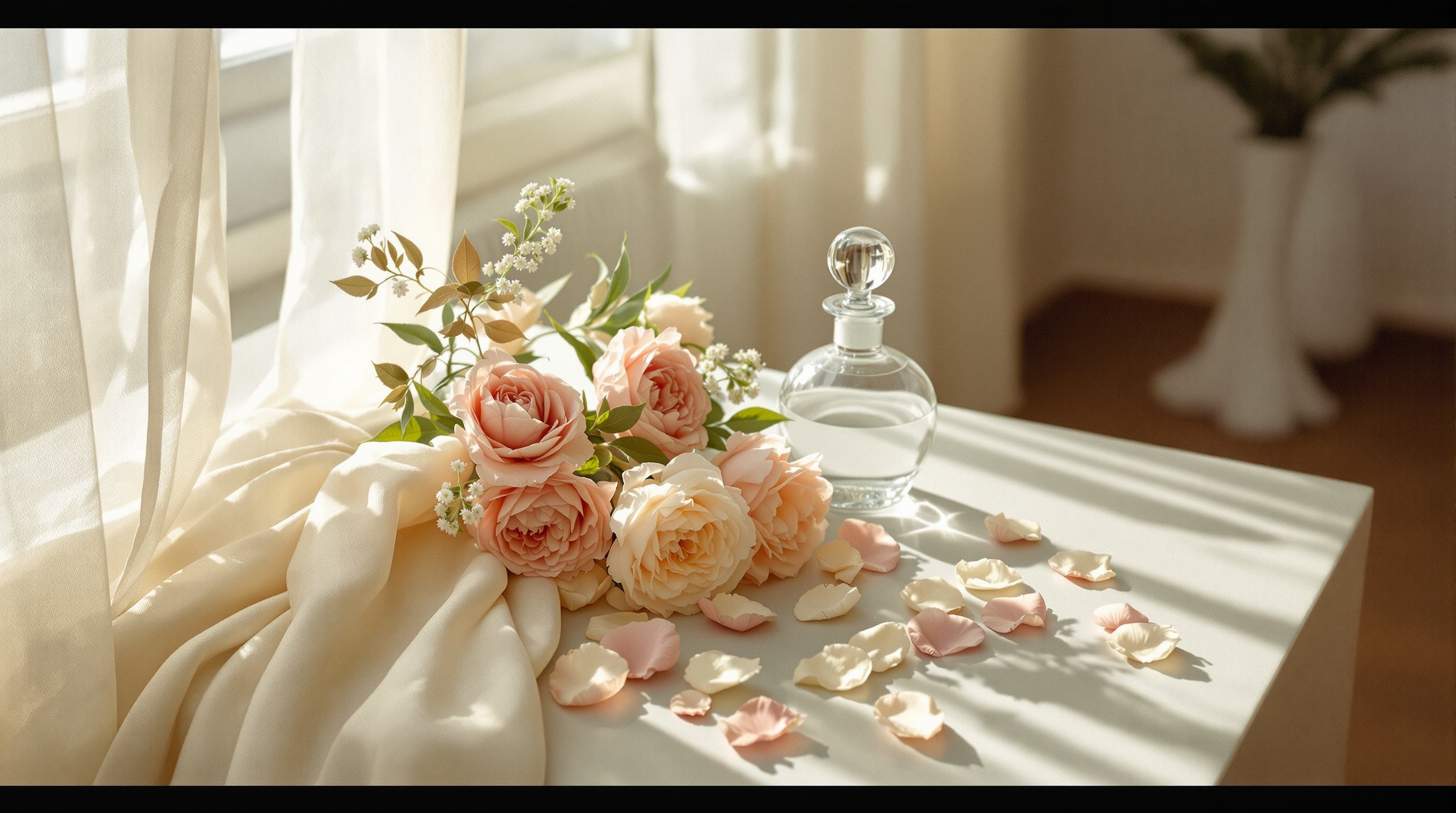 Morning light on a marble vanity with roses, peonies, silk and a plain glass flacon — the best niche fragrances for women.