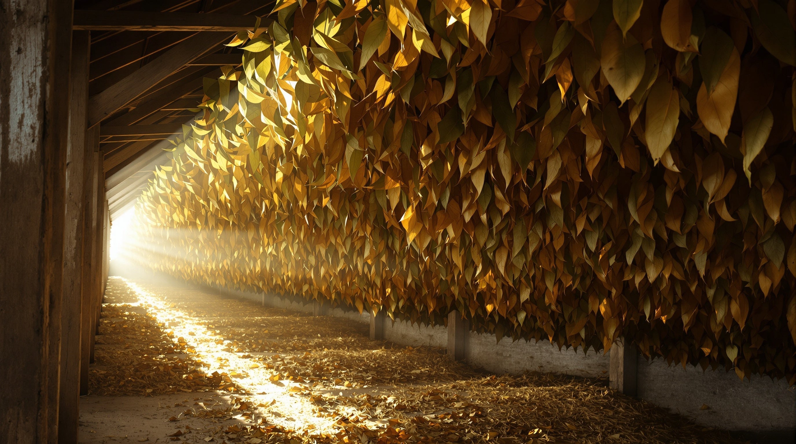 Harvested tobacco leaves hanging to cure in a sunlit wooden barn, evoking the warm world of niche tobacco fragrances.