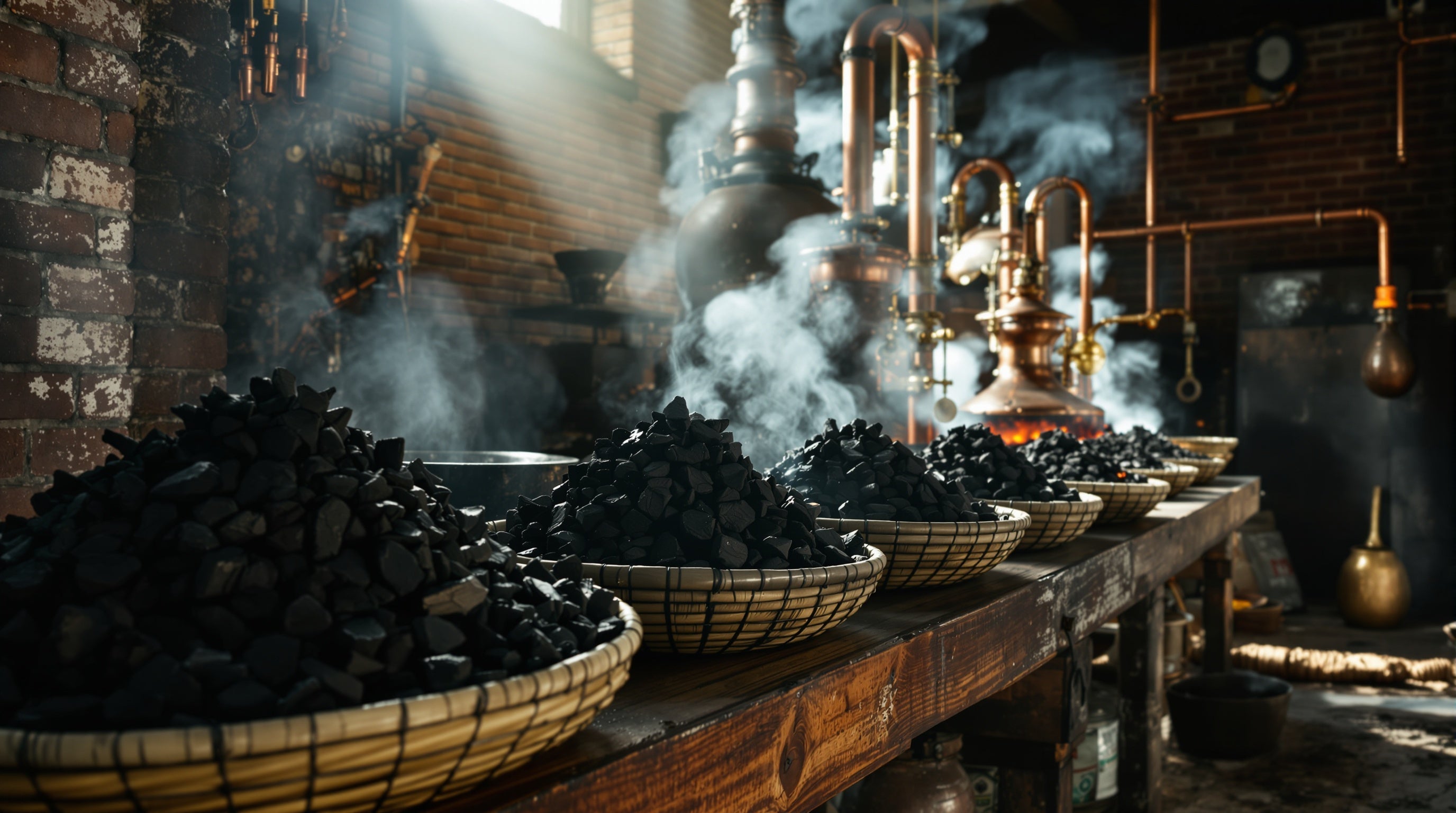 Traditional agarwood distillery at dawn with copper stills and aged oud wood chips — the best oud fragrances decant guide.