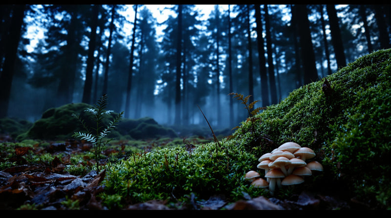 Cool pre-dawn forest floor of dewy emerald moss and mist, evoking the animalic warmth of real deer musk niche fragrances.